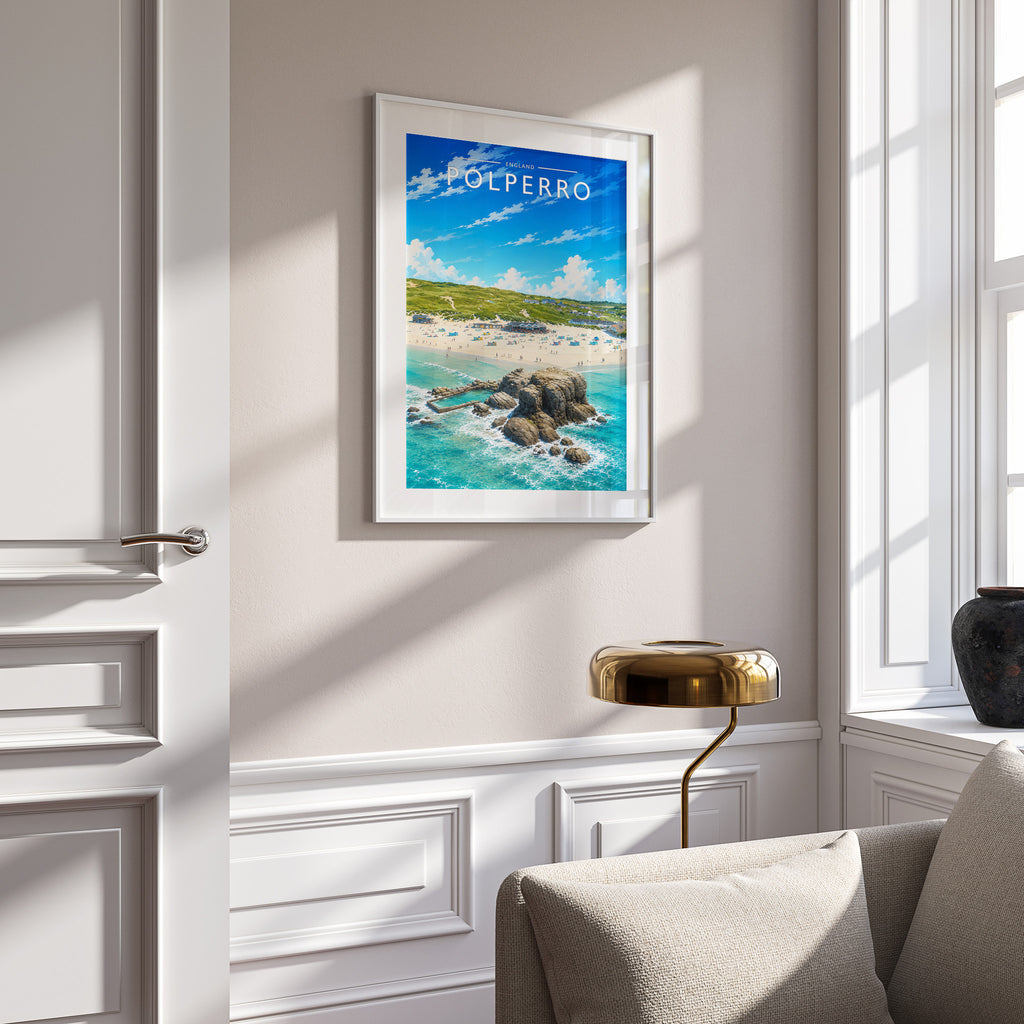 Polperro #3 Travel Poster in a white frame on a panelled wall