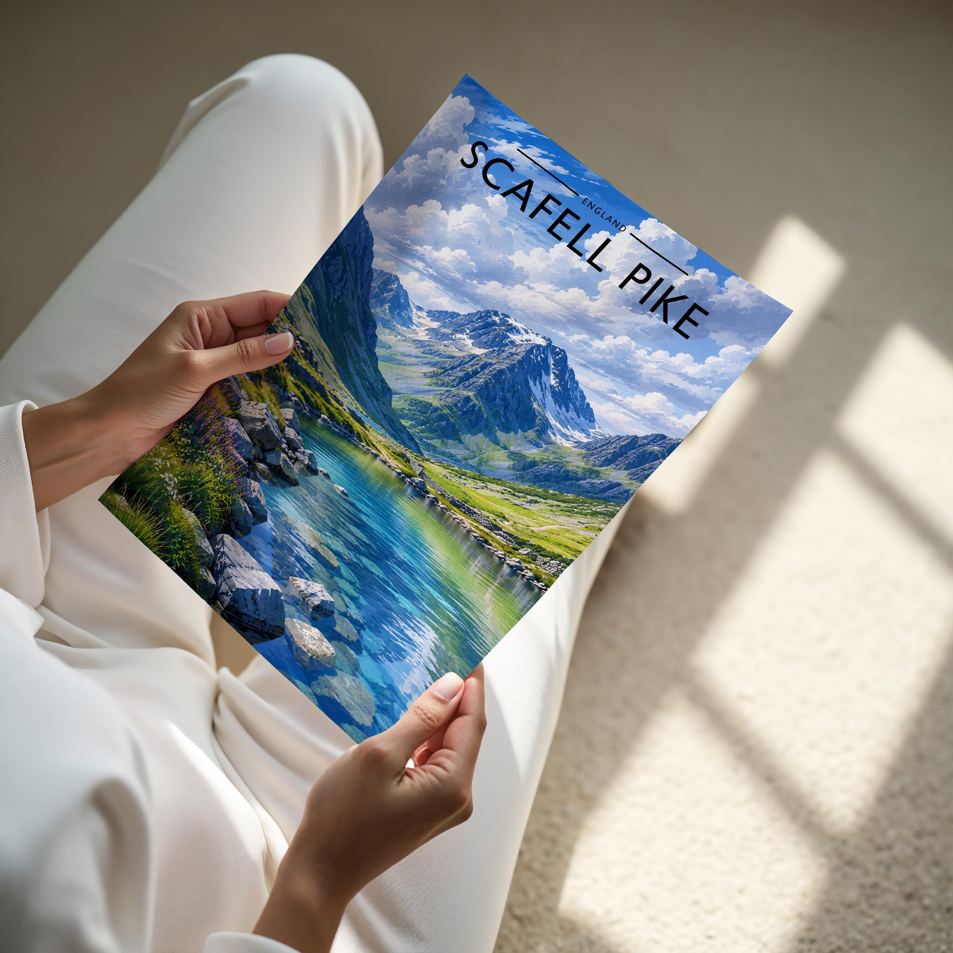 Scafell Pike Travel Poster - A4 print held in hand