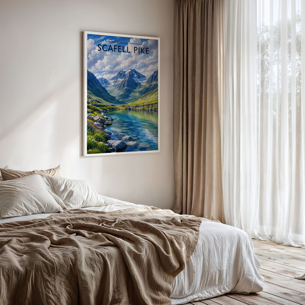 Scafell Pike Travel Poster framed on a bedroom wall
