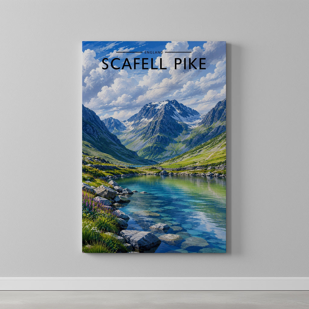 Scafell Pike Travel Poster as a gallery-wrapped canvas on a plain wall