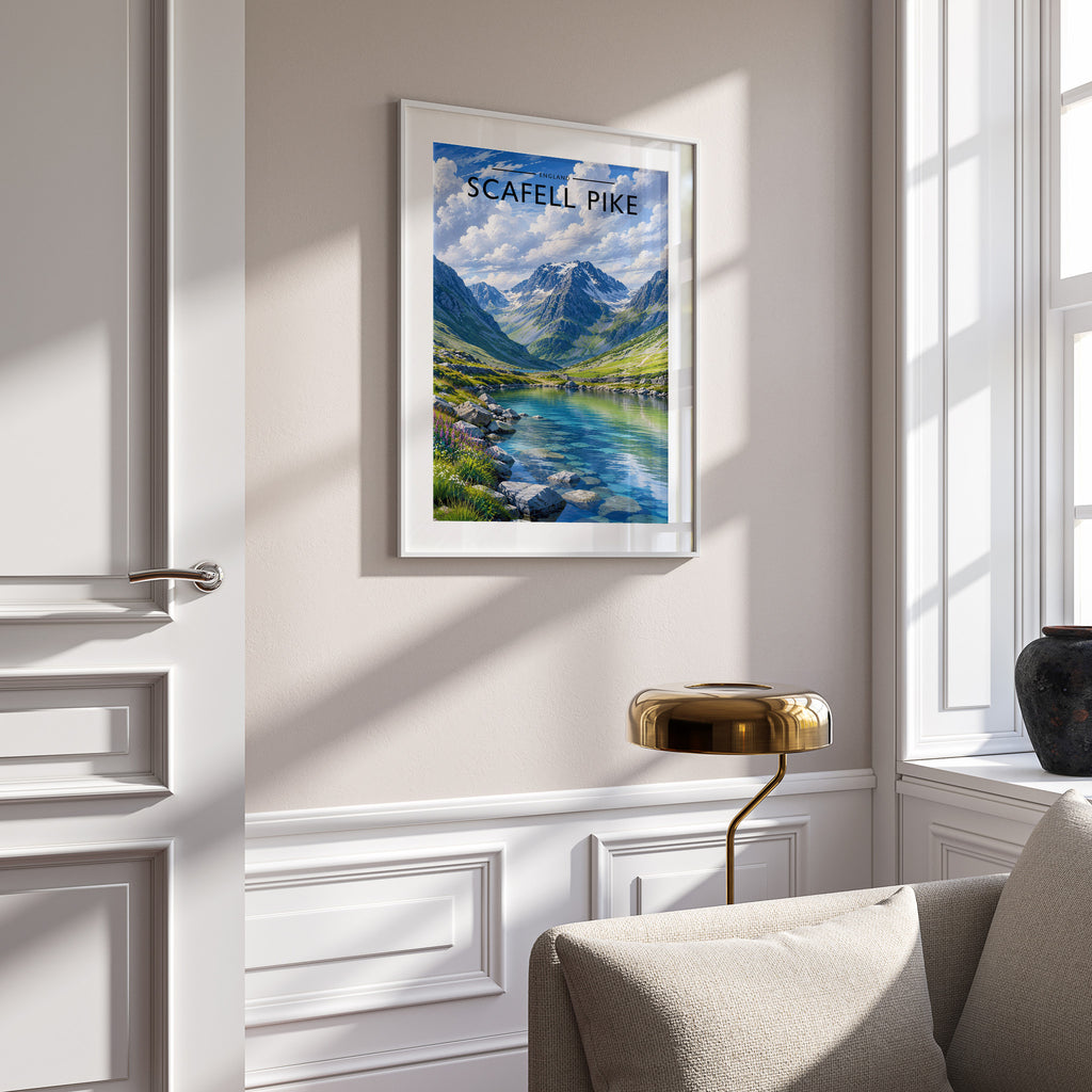 Scafell Pike Travel Poster in a white frame on a panelled wall