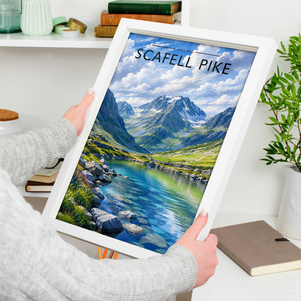 Scafell Pike Travel Poster in a white frame, held to show scale