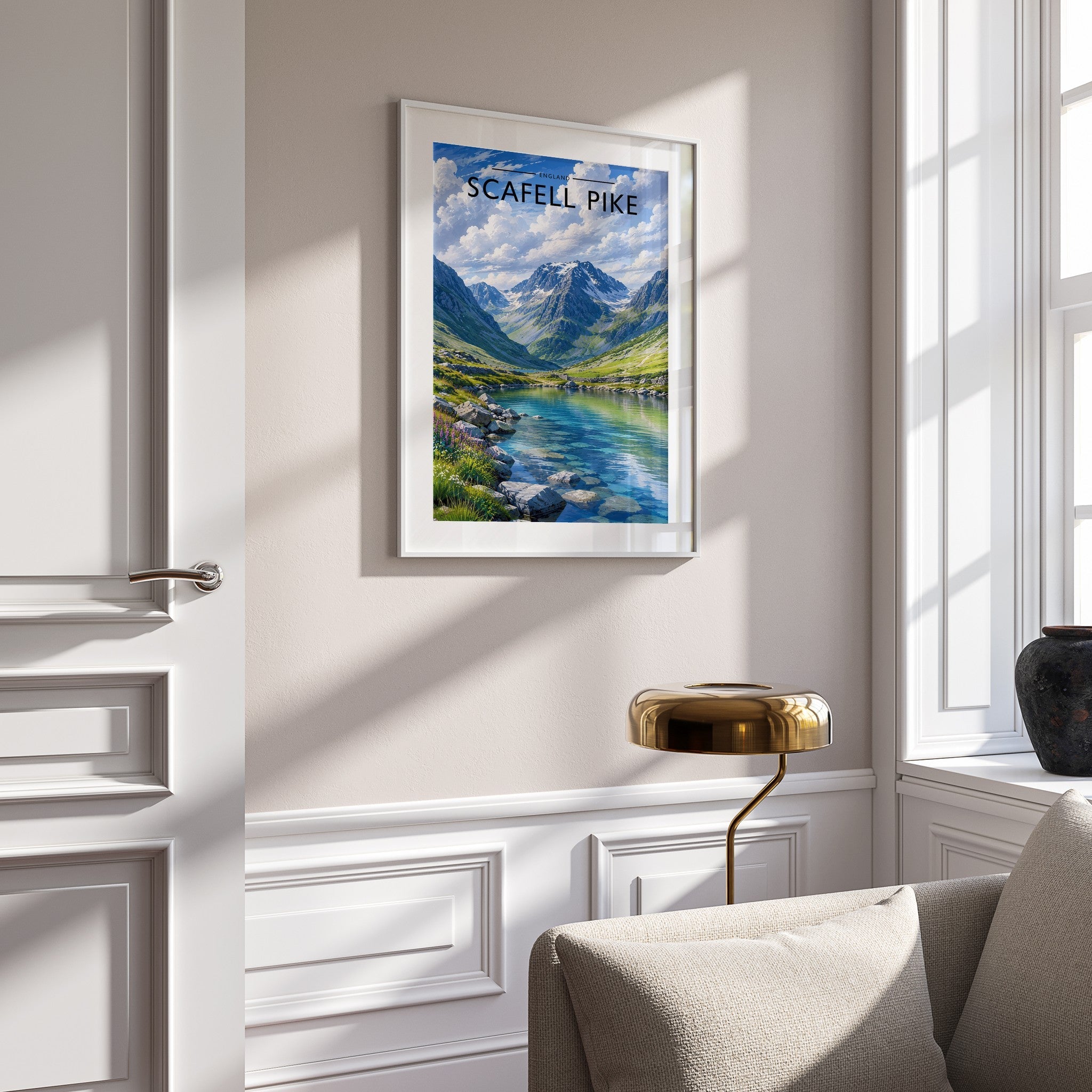 Scafell Pike Travel Poster mounted in a white frame