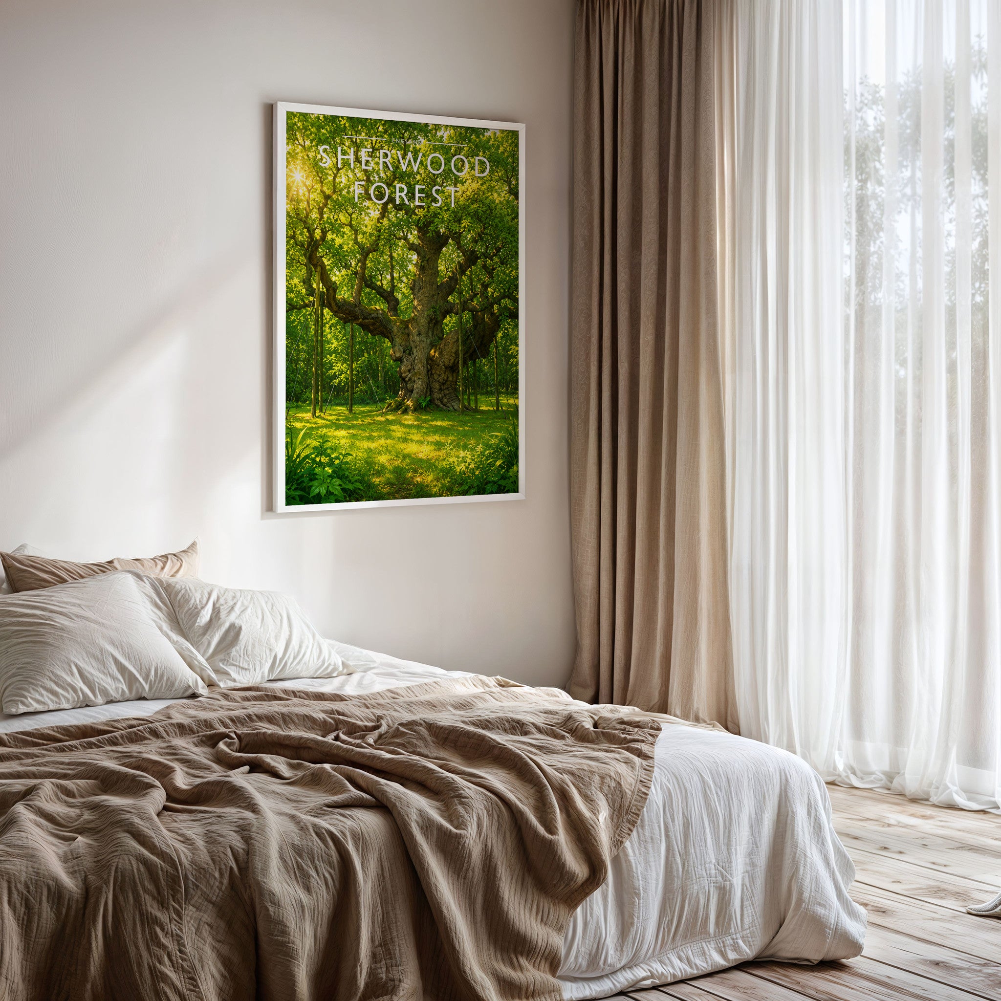 Sherwood Forest Travel Poster framed on a bedroom wall