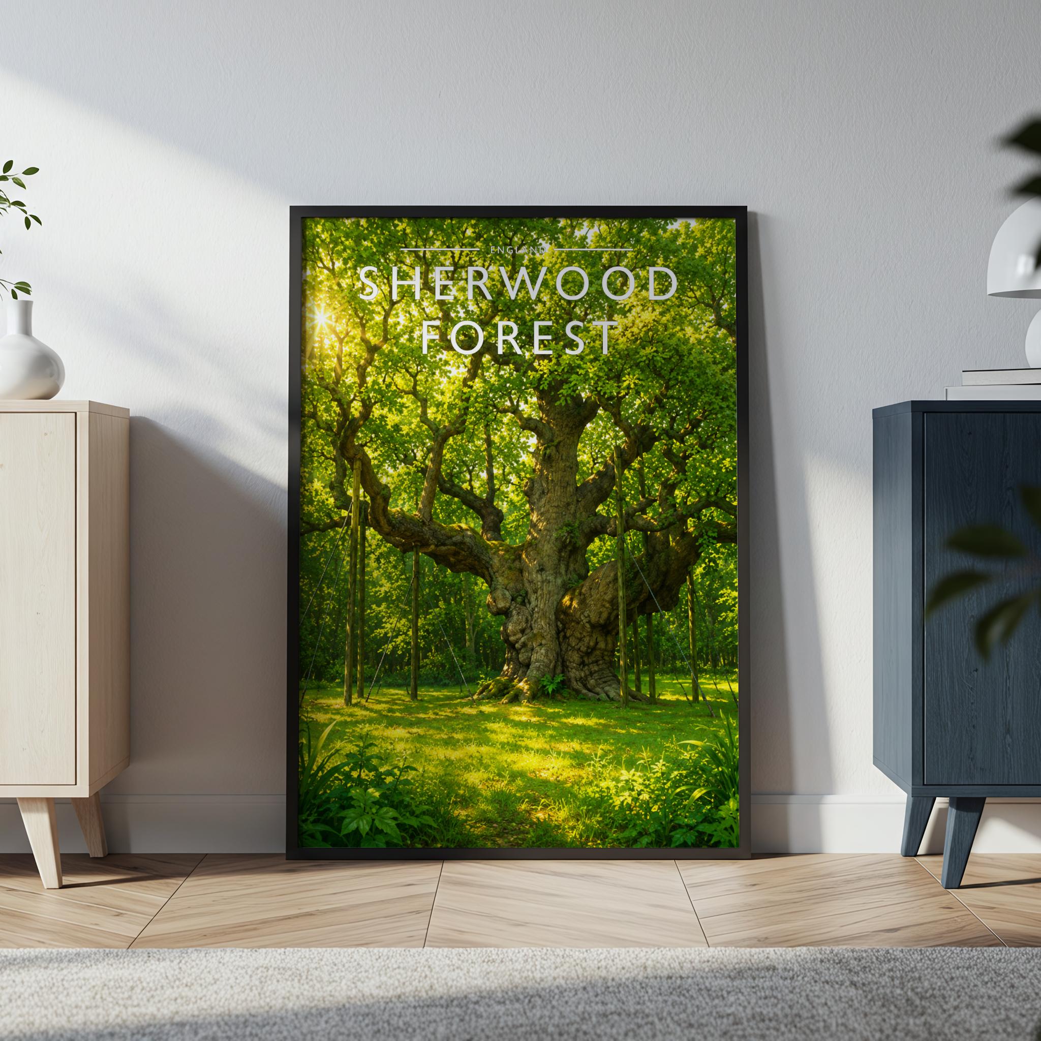 Sherwood Forest Travel Poster in a black frame