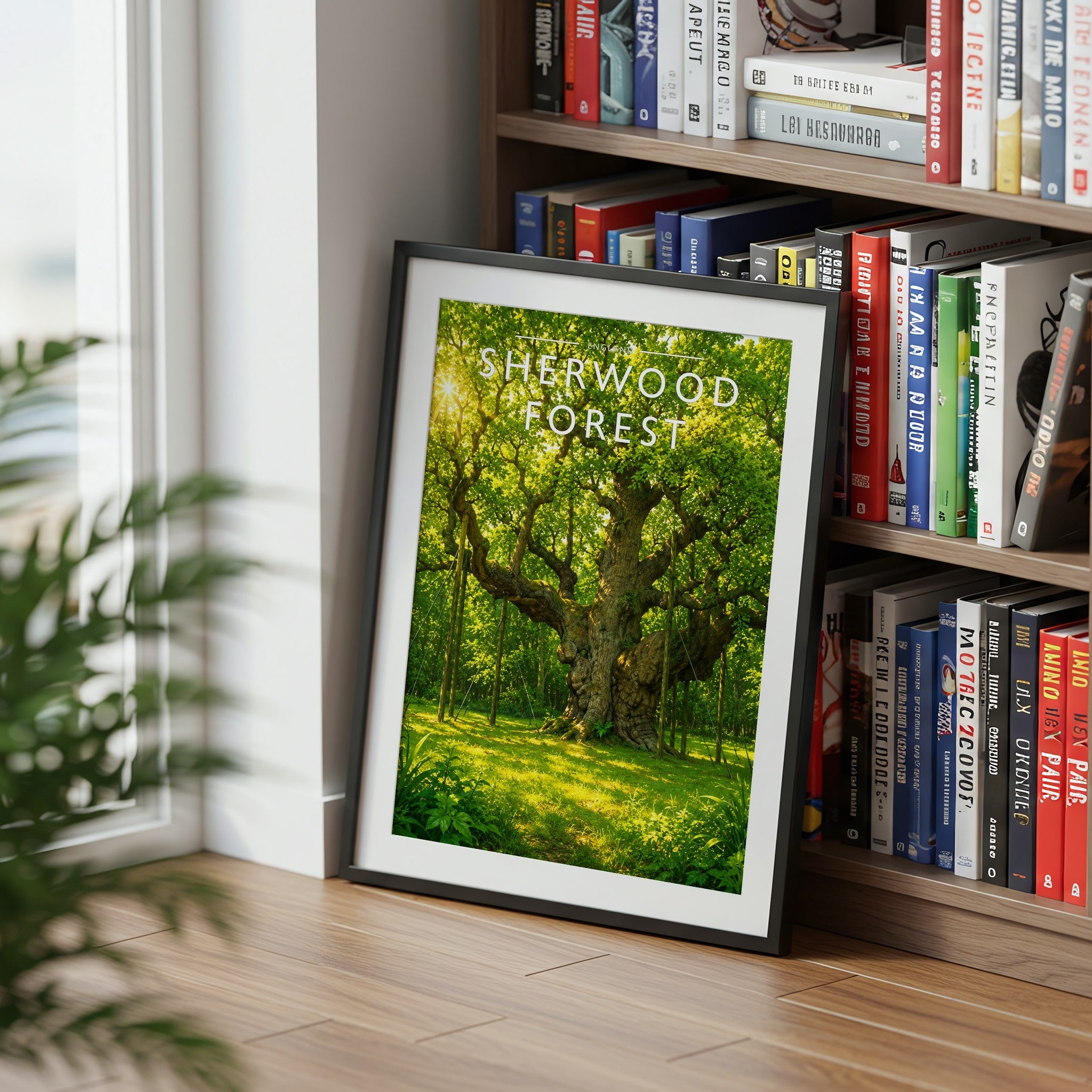 Sherwood Forest Travel Poster mounted in a black frame