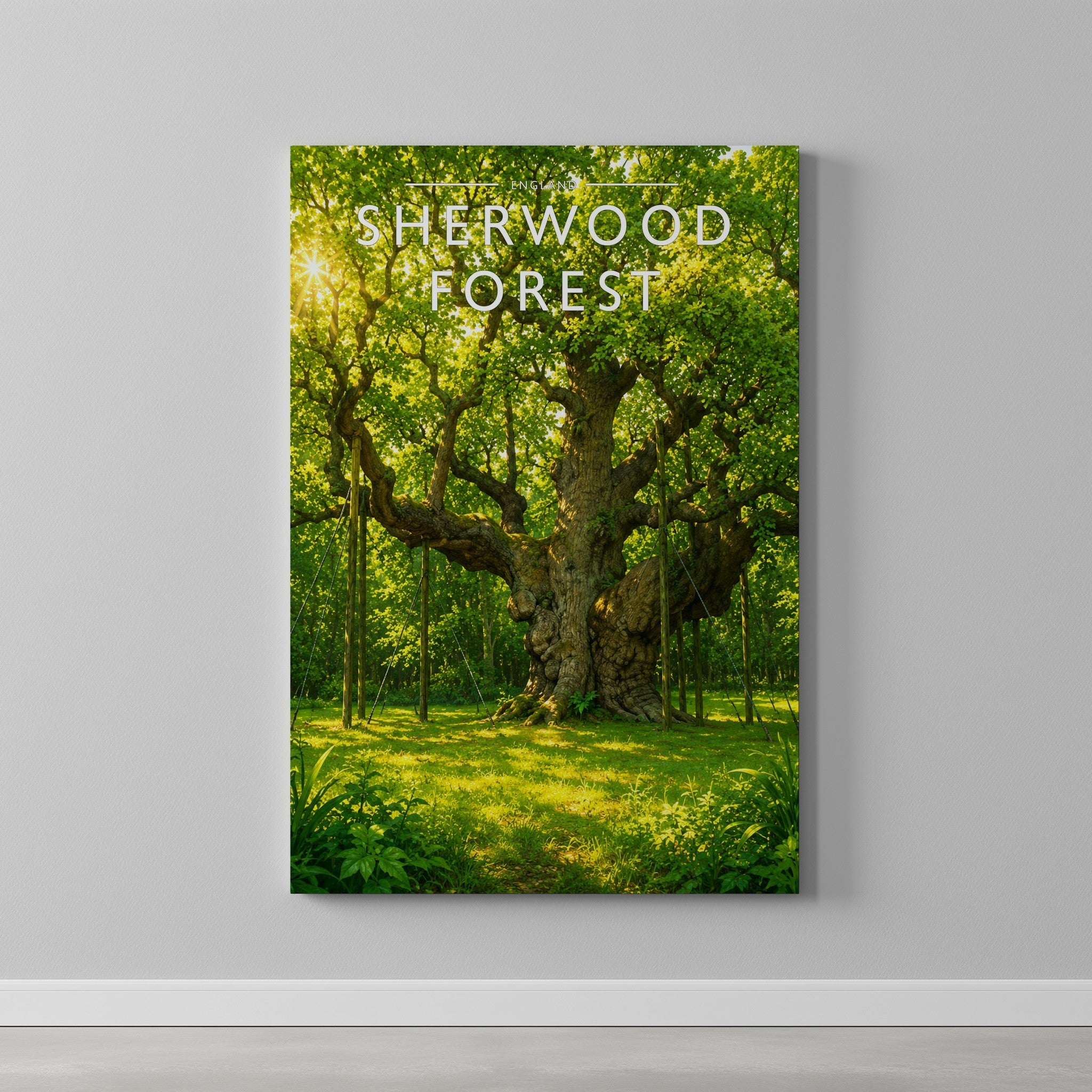 Sherwood Forest Travel Poster as a gallery-wrapped canvas on a plain wall
