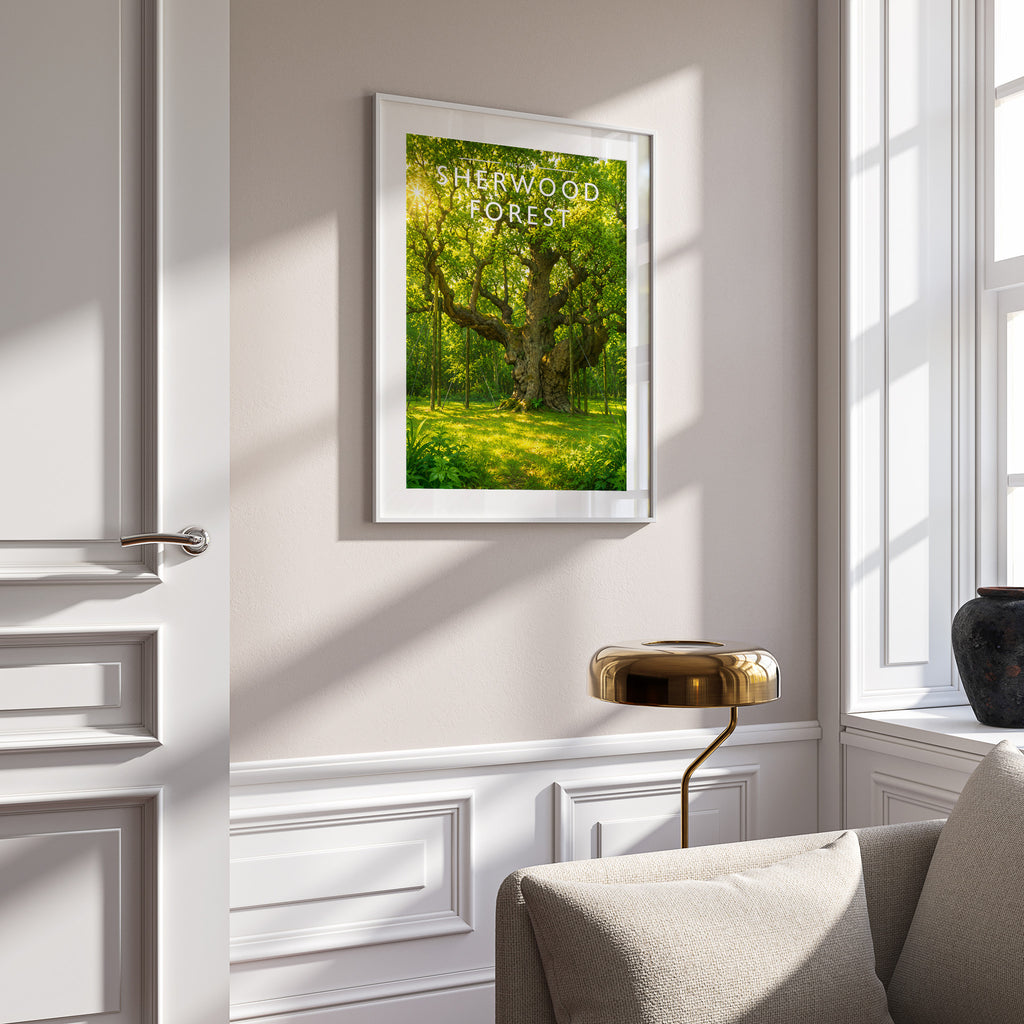 Sherwood Forest Travel Poster in a white frame on a panelled wall