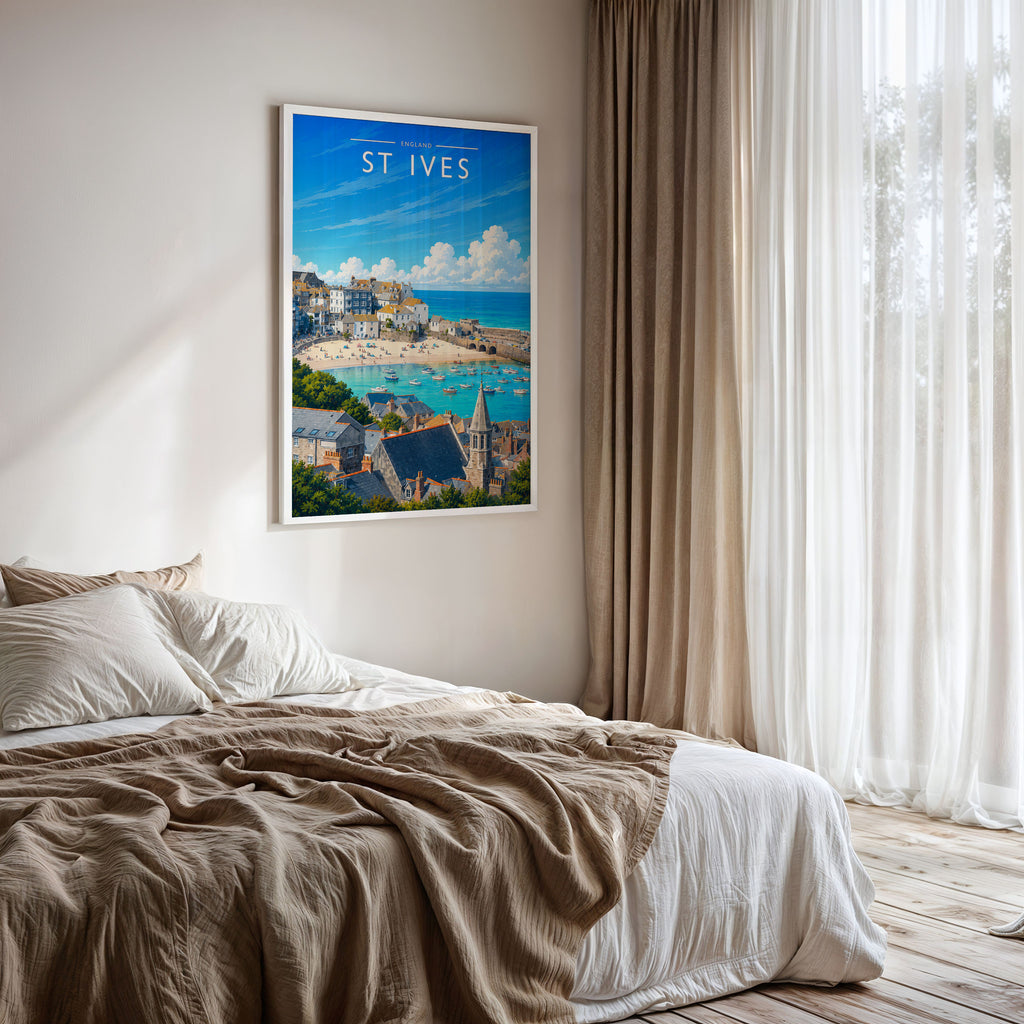 St Ives #2 Travel Poster framed on a bedroom wall