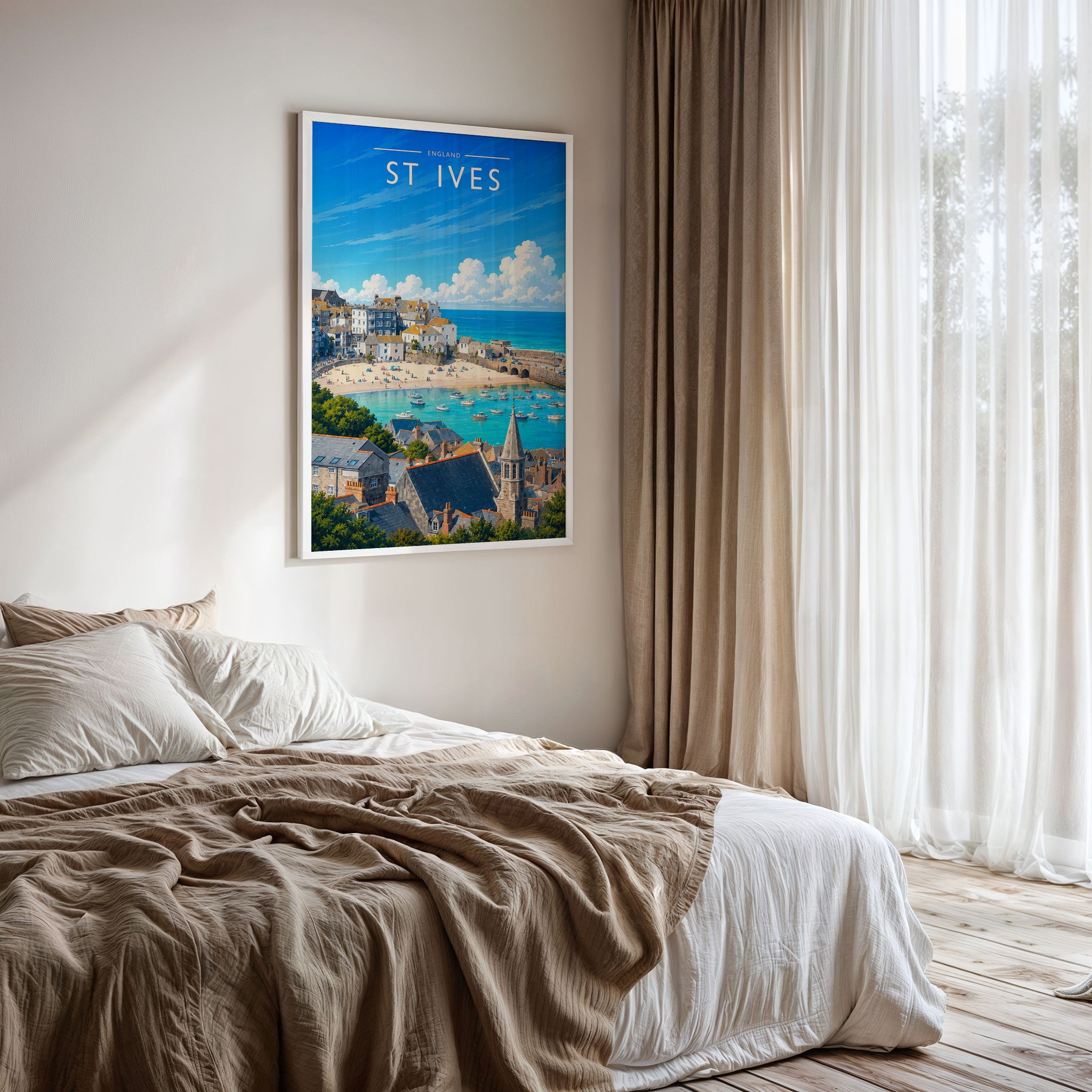 St Ives #2 Travel Poster framed on a bedroom wall