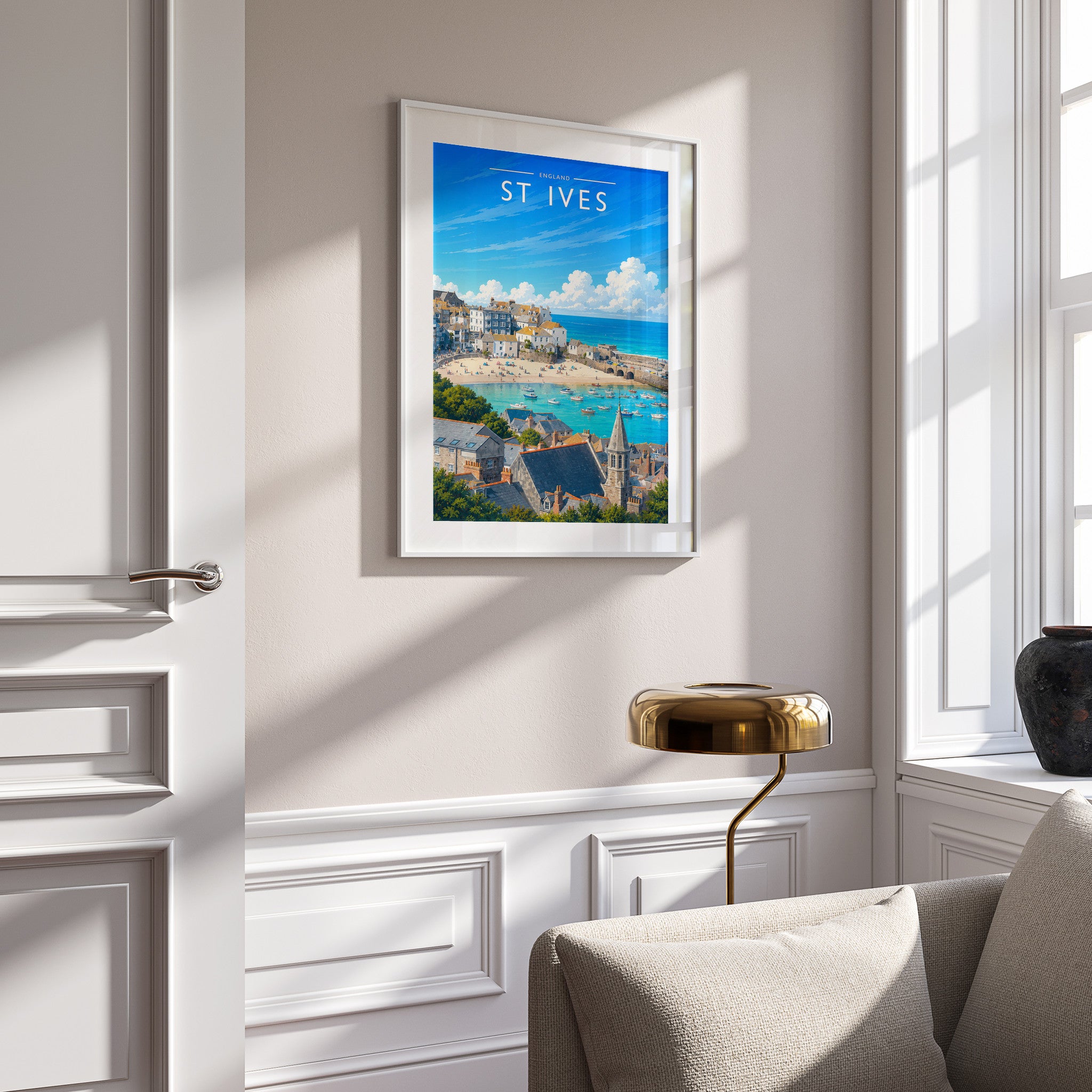 St Ives #2 Travel Poster in a white frame on a panelled wall
