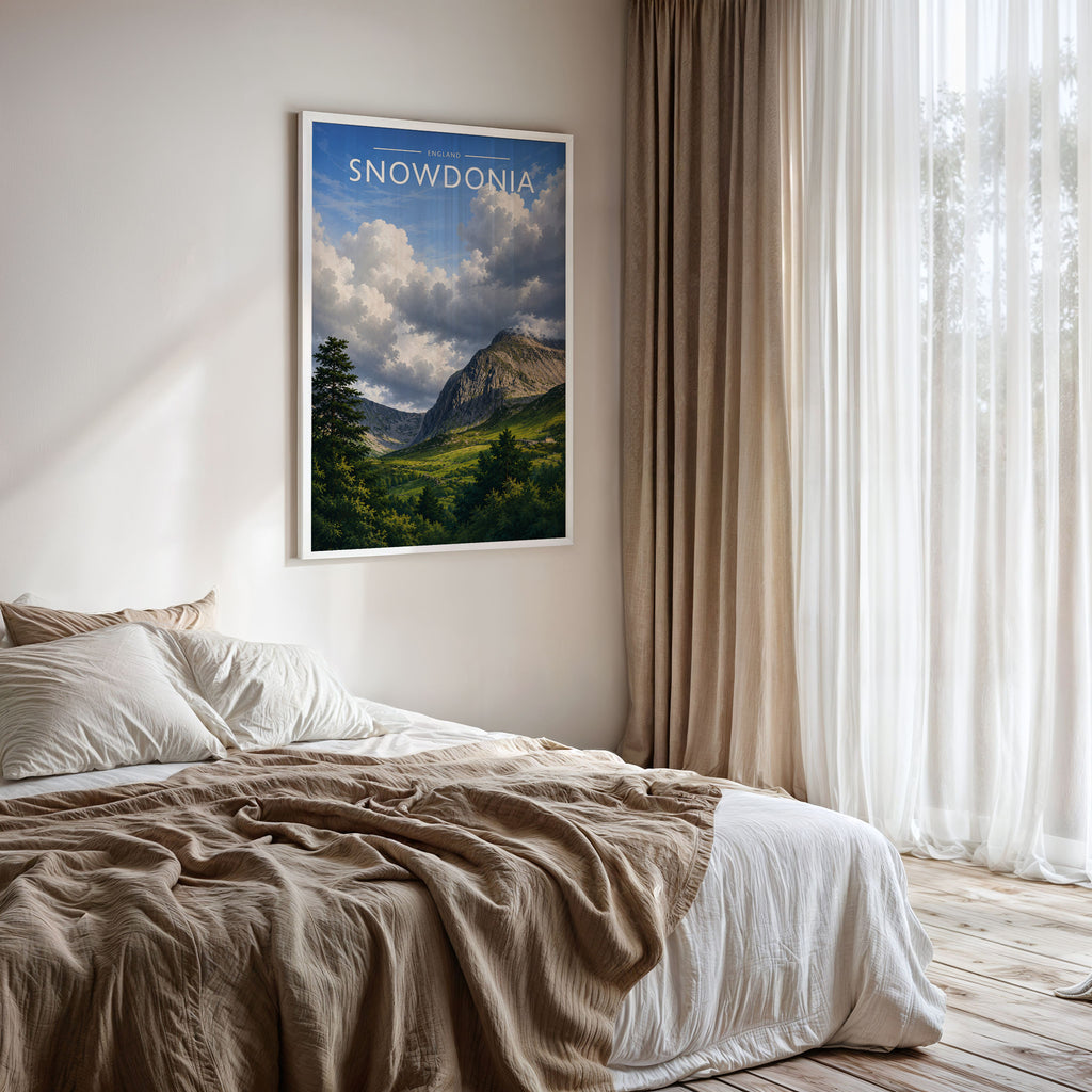 Snowdonia Travel Poster framed on a bedroom wall