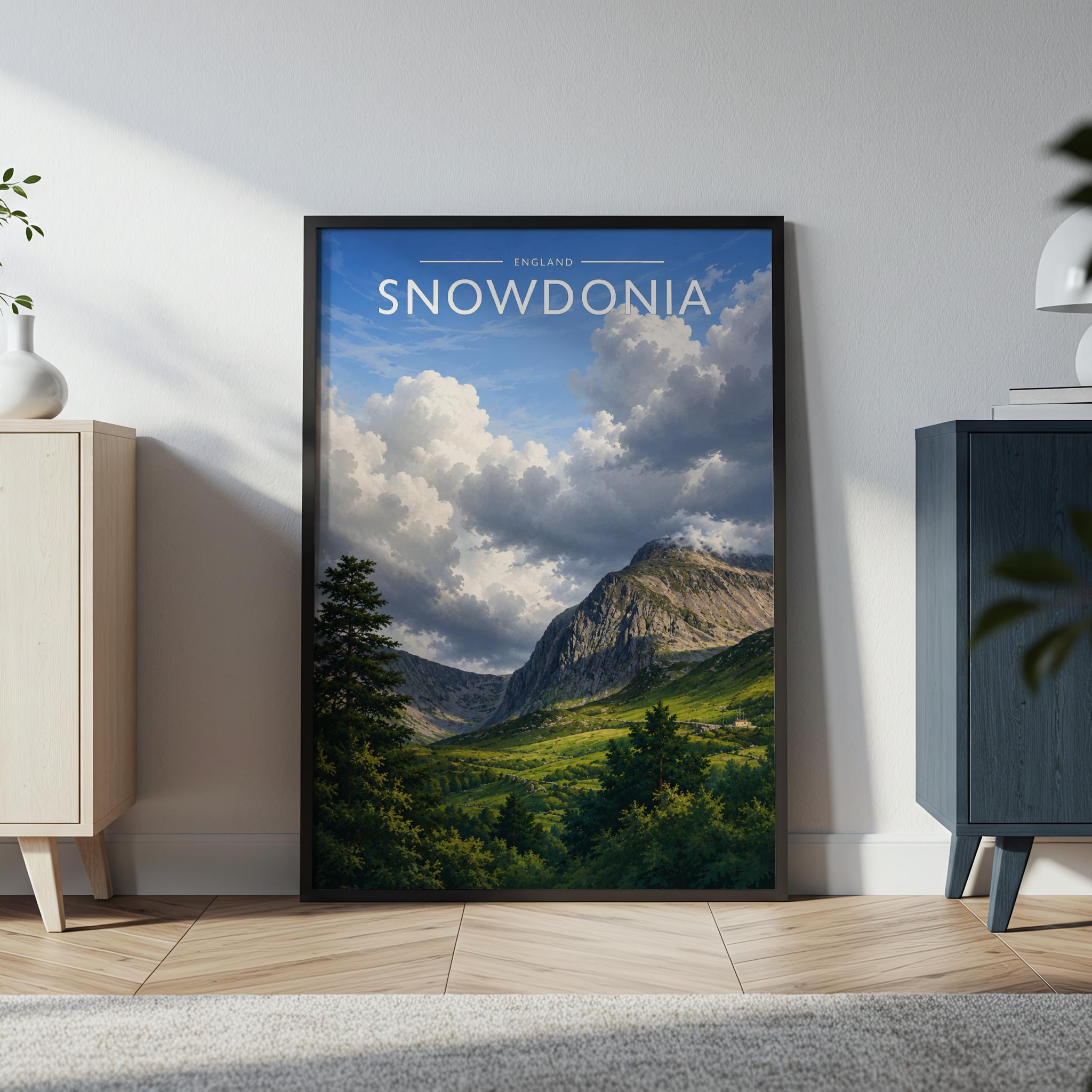Snowdonia Travel Poster in a black frame