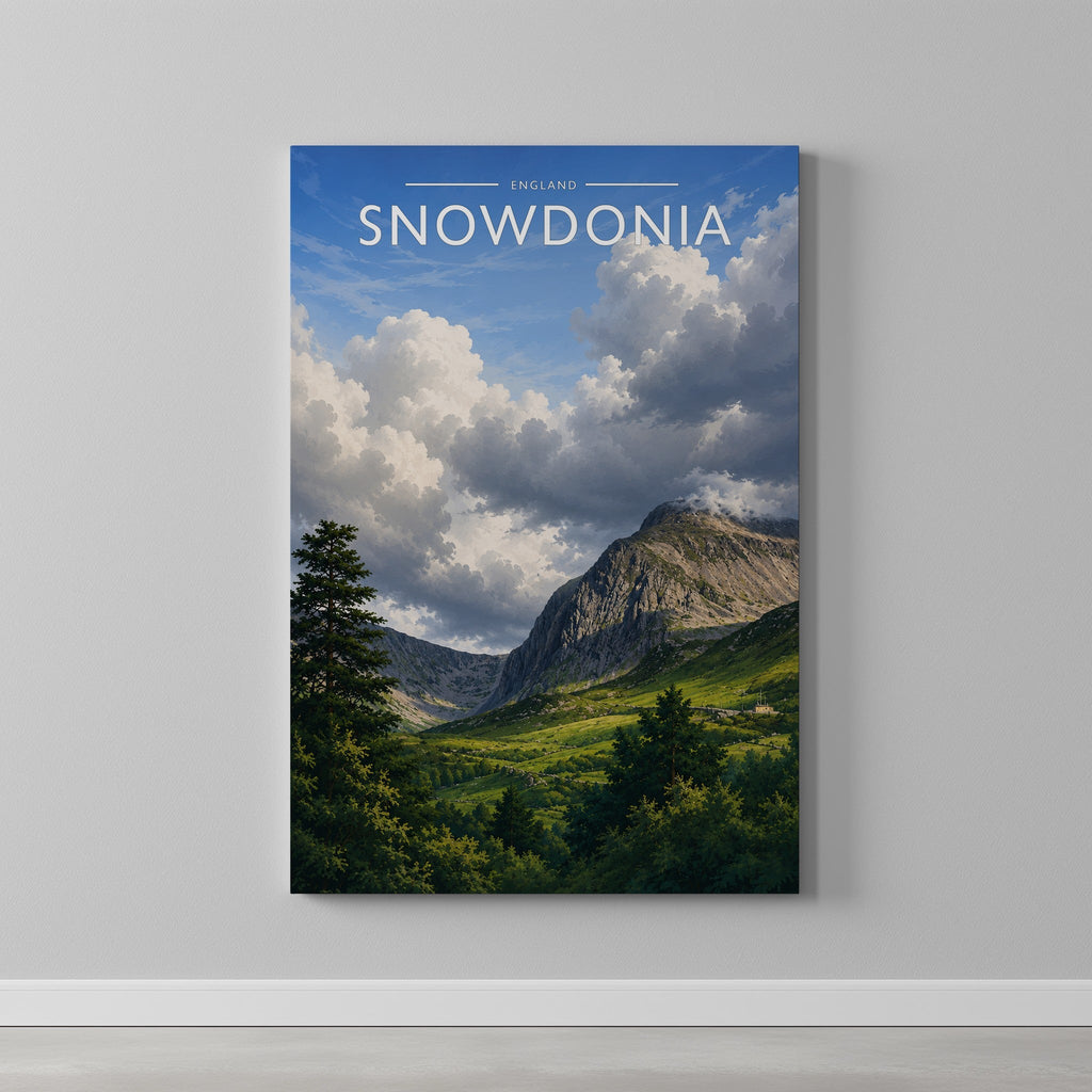 Snowdonia Travel Poster as a gallery-wrapped canvas on a plain wall