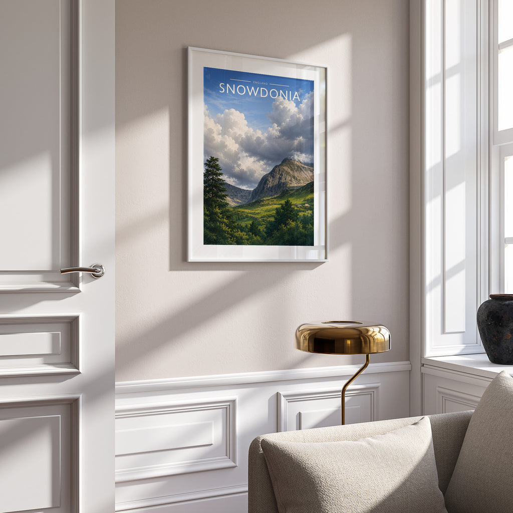 Snowdonia Travel Poster in a white frame on a panelled wall