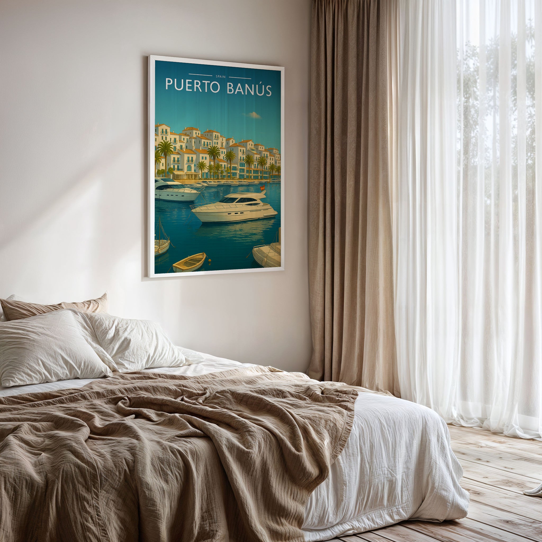 Puerto Banús Travel Poster framed on a bedroom wall
