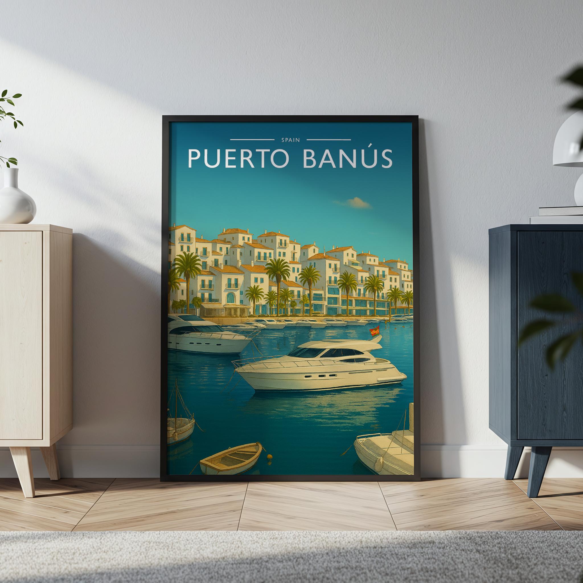 Puerto Banús Travel Poster in a black frame