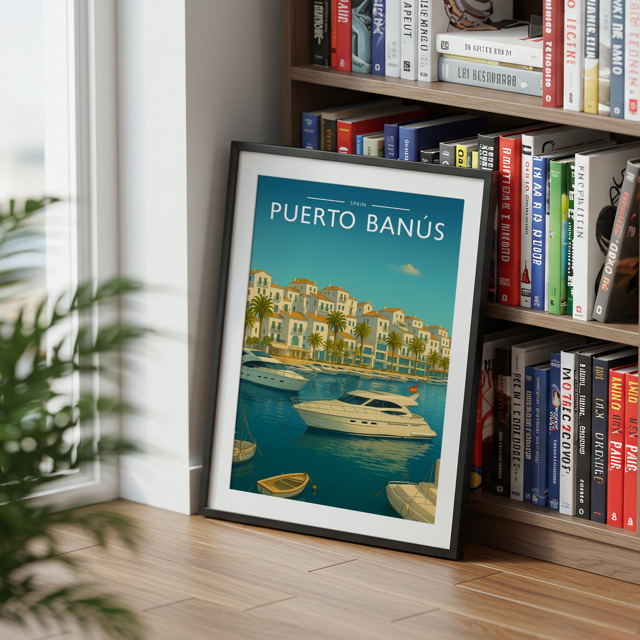 Puerto Banús Travel Poster mounted in a black frame