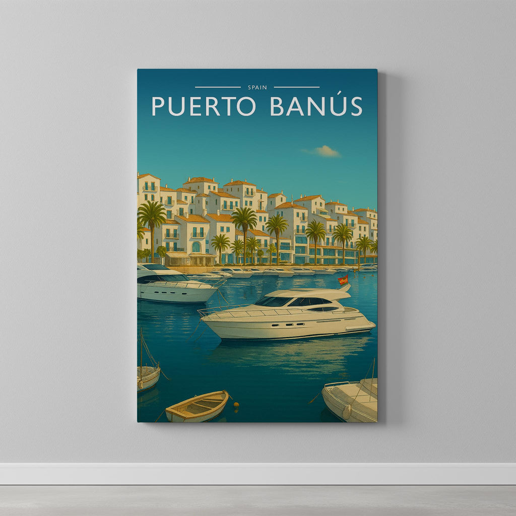 Puerto Banús Travel Poster as a gallery-wrapped canvas on a plain wall