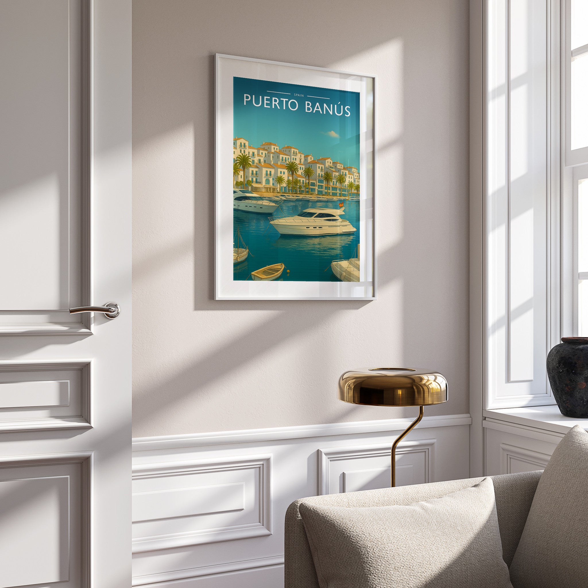 Puerto Banús Travel Poster in a white frame on a panelled wall