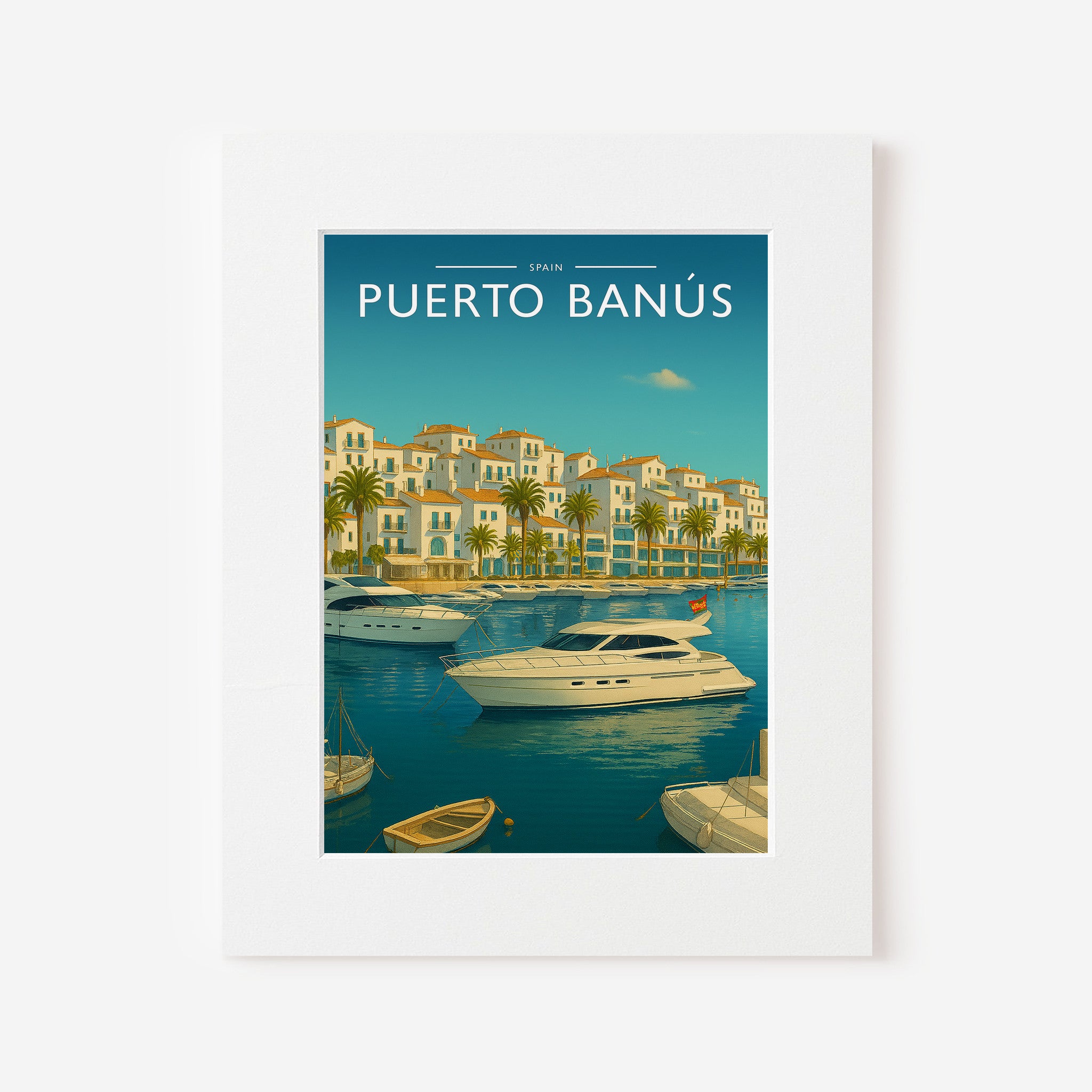 Puerto Banús Travel Poster in a white mount
