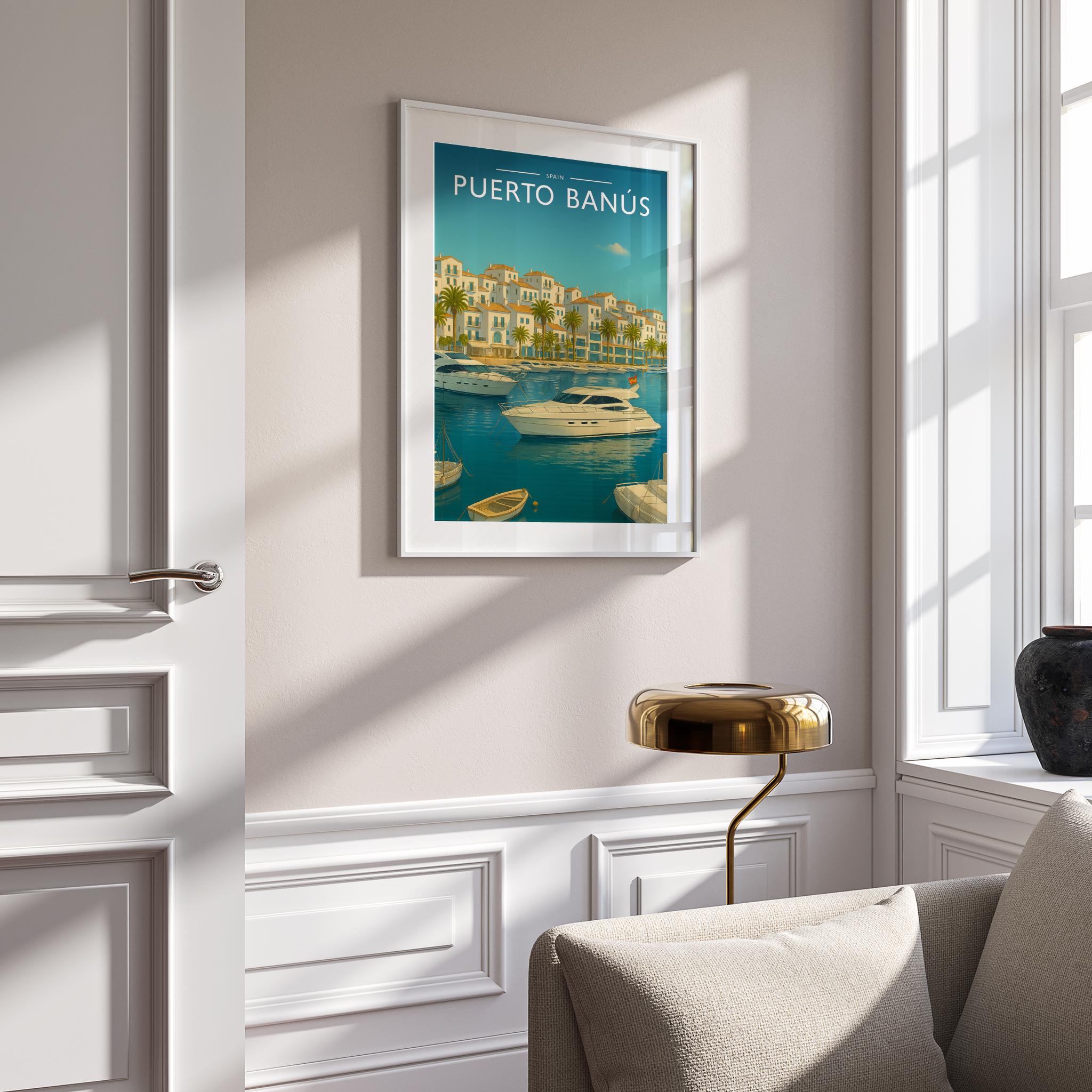 Puerto Banús Travel Poster mounted in a white frame