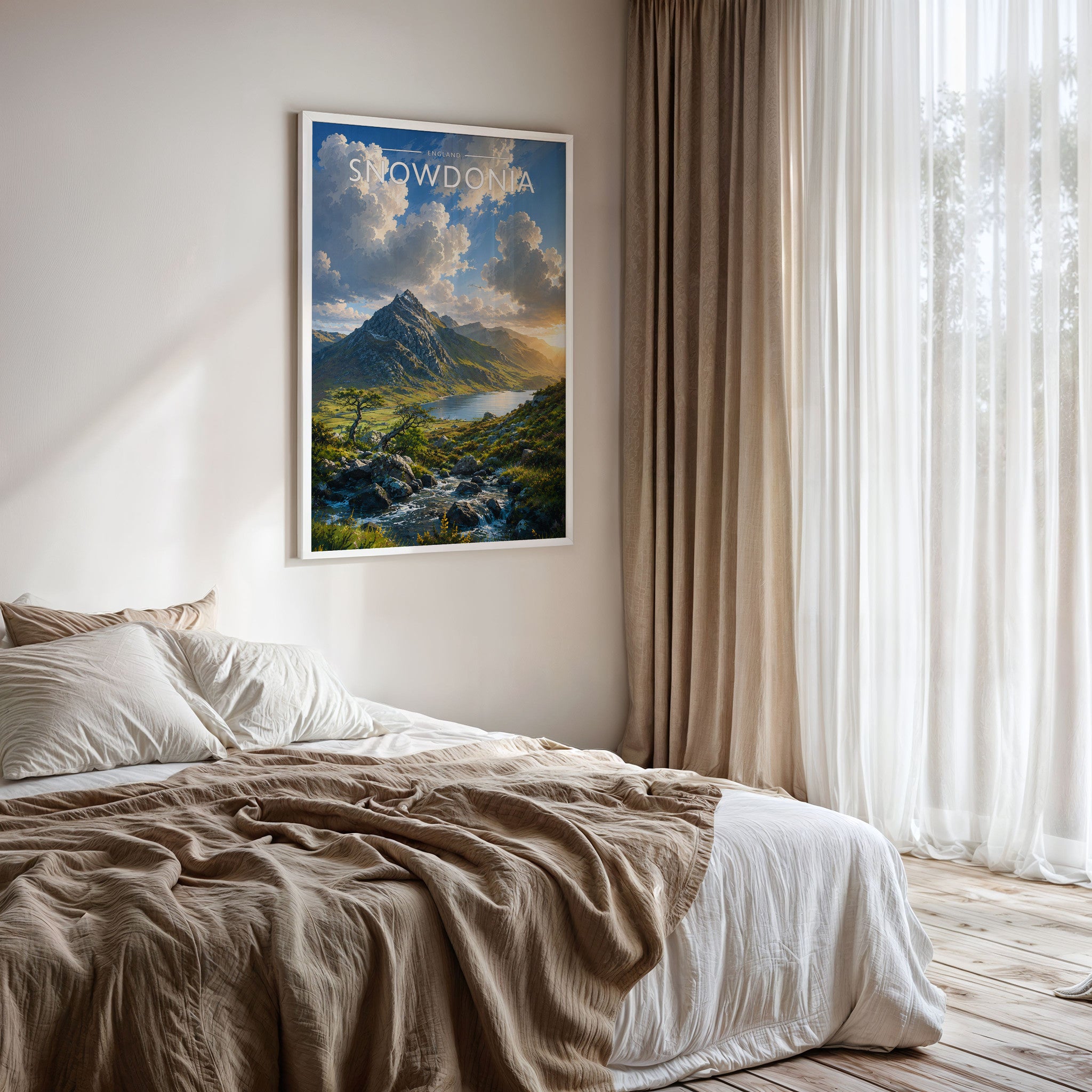 Snowdonia #2 Travel Poster framed on a bedroom wall