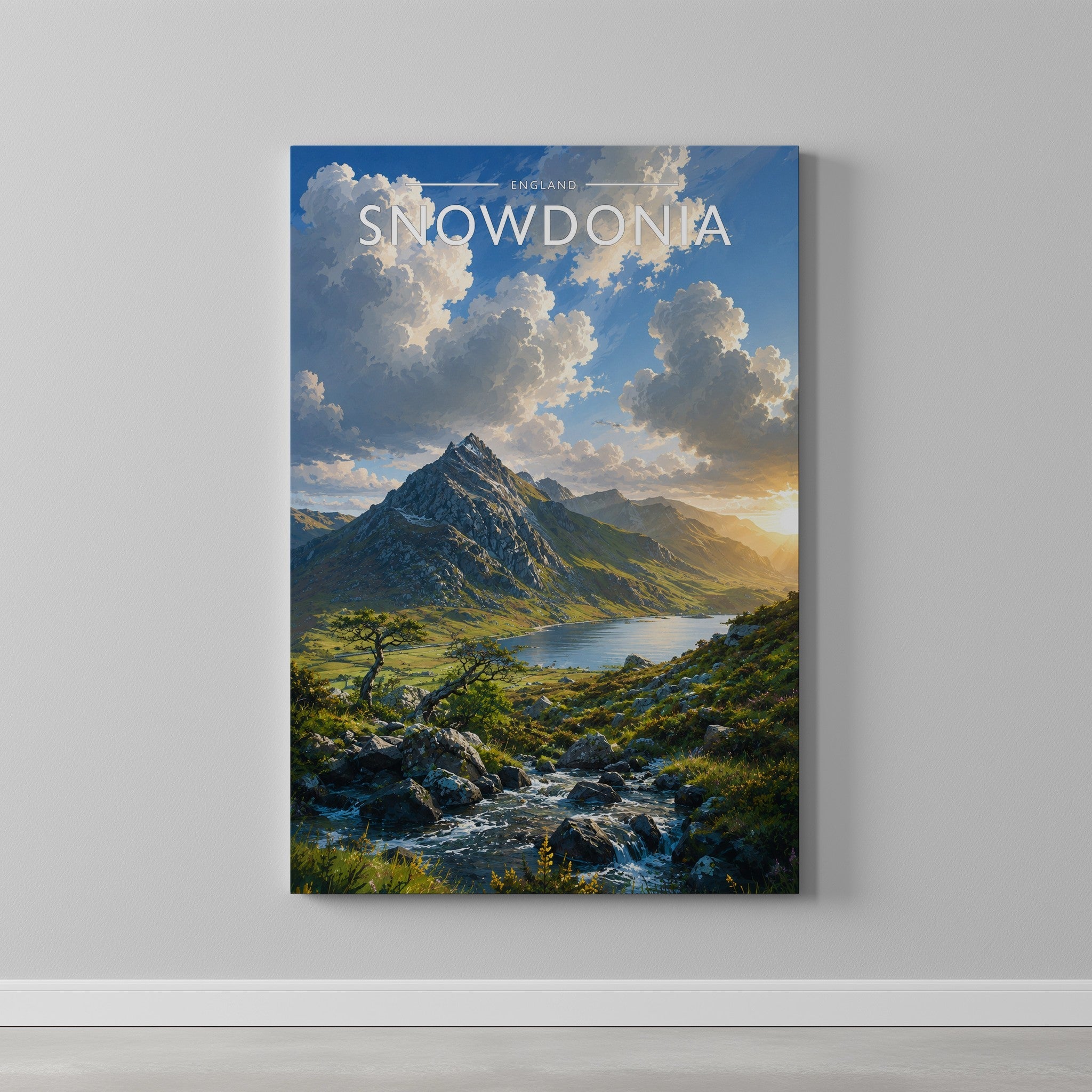Snowdonia #2 Travel Poster as a gallery-wrapped canvas on a plain wall