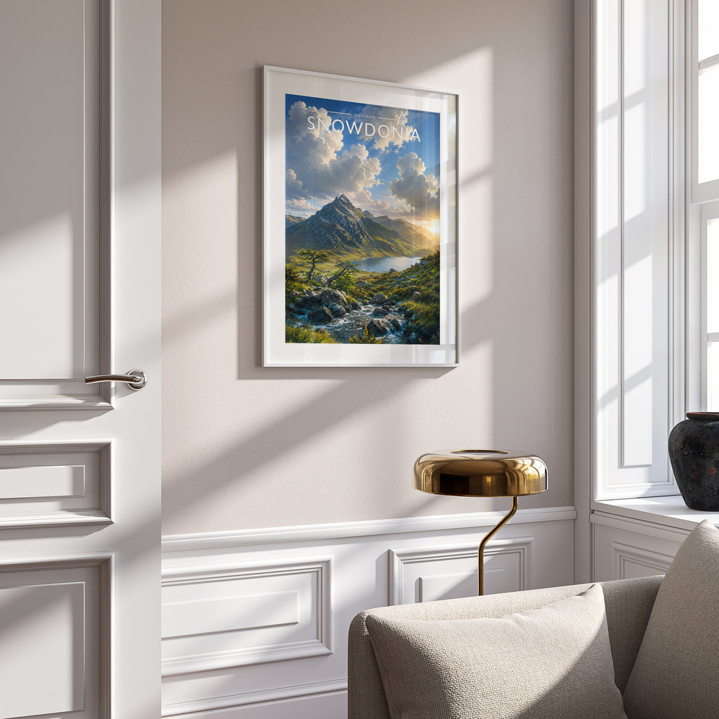Snowdonia #2 Travel Poster in a white frame on a panelled wall