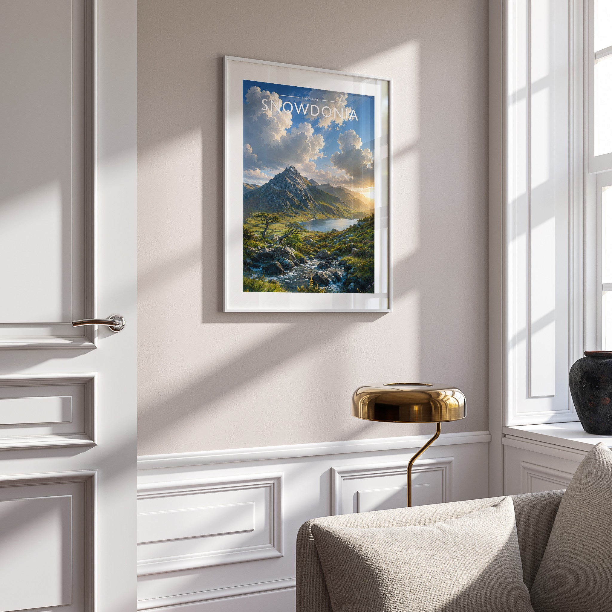 Snowdonia #2 Travel Poster in a white frame on a panelled wall