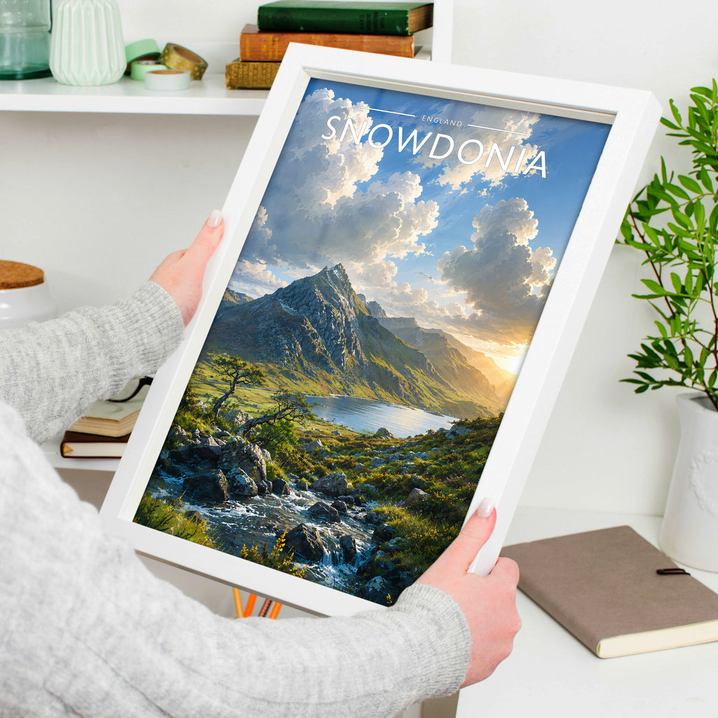 Snowdonia #2 Travel Poster in a white frame, held to show scale
