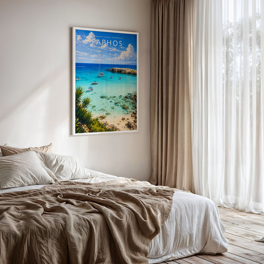 Paphos Travel Poster framed on a bedroom wall