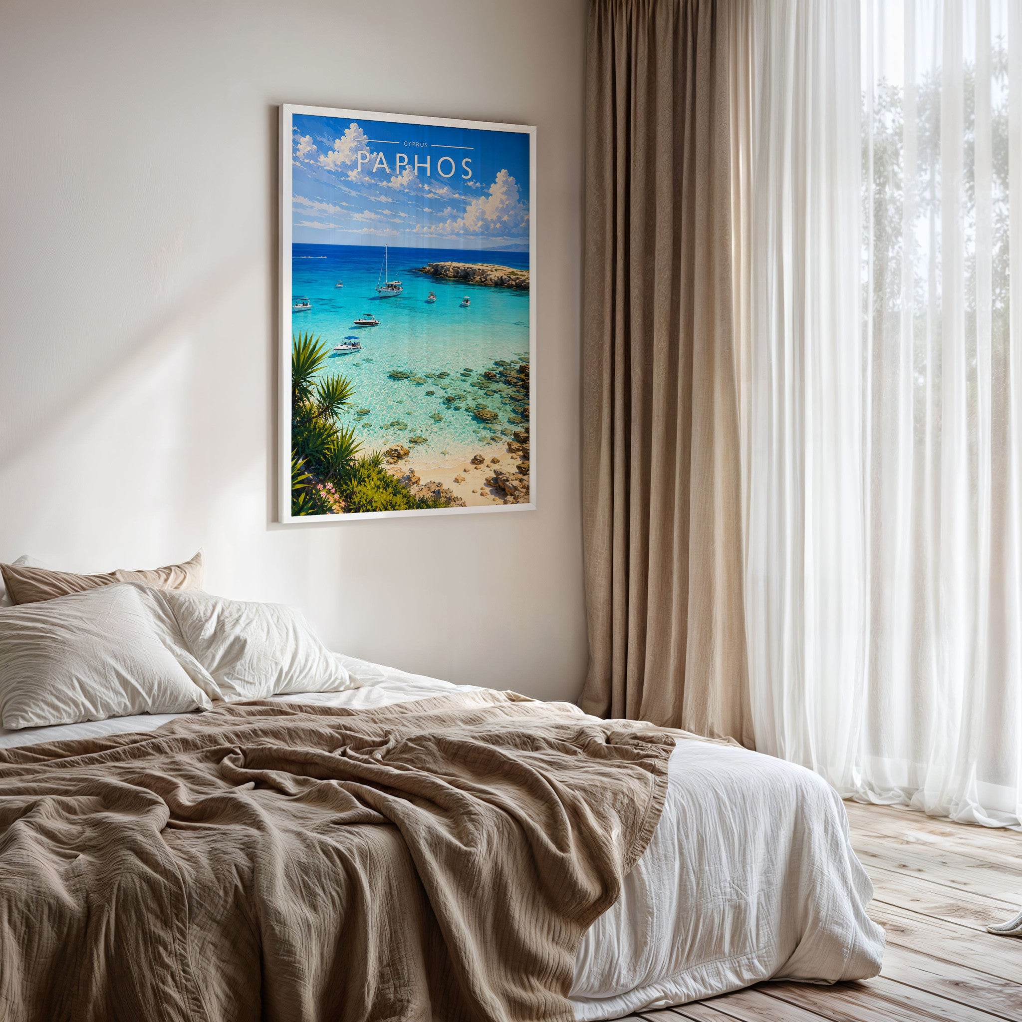 Paphos Travel Poster framed on a bedroom wall