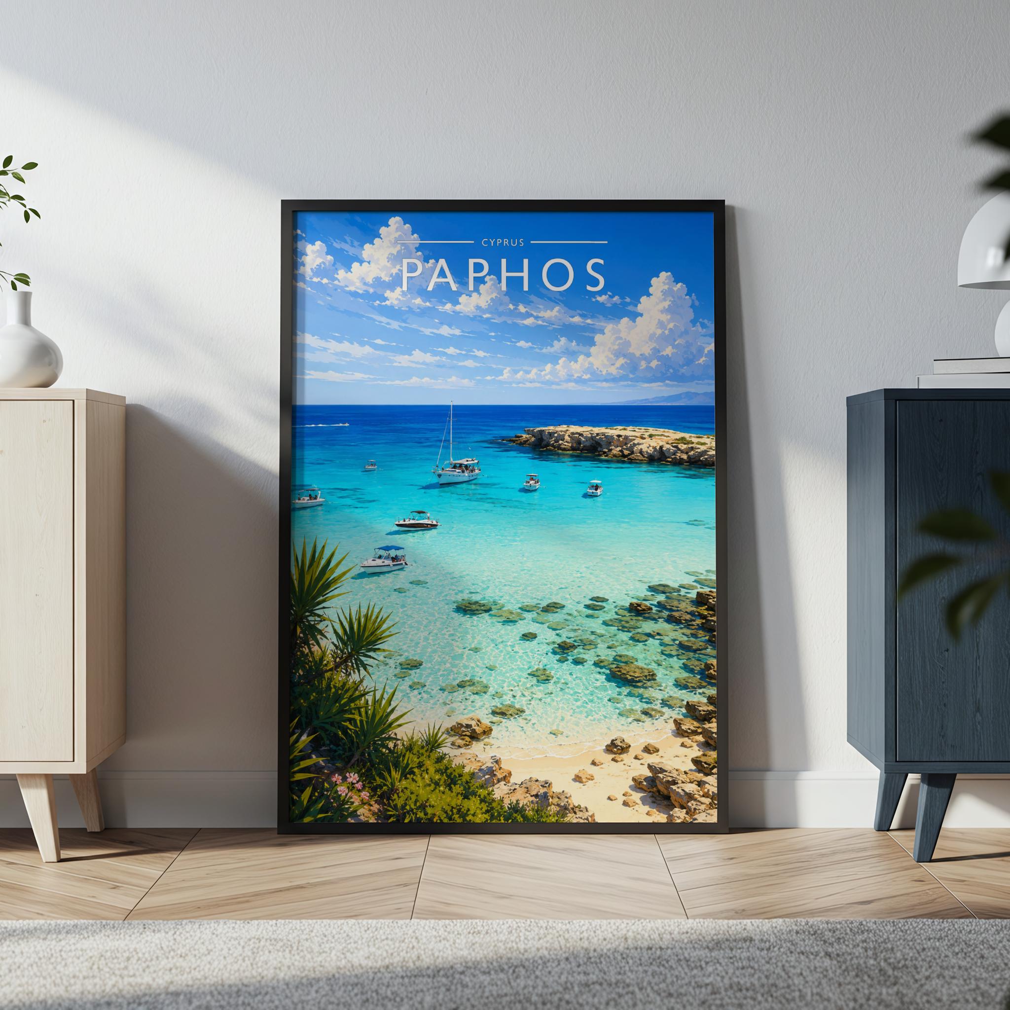 Paphos Travel Poster in a black frame