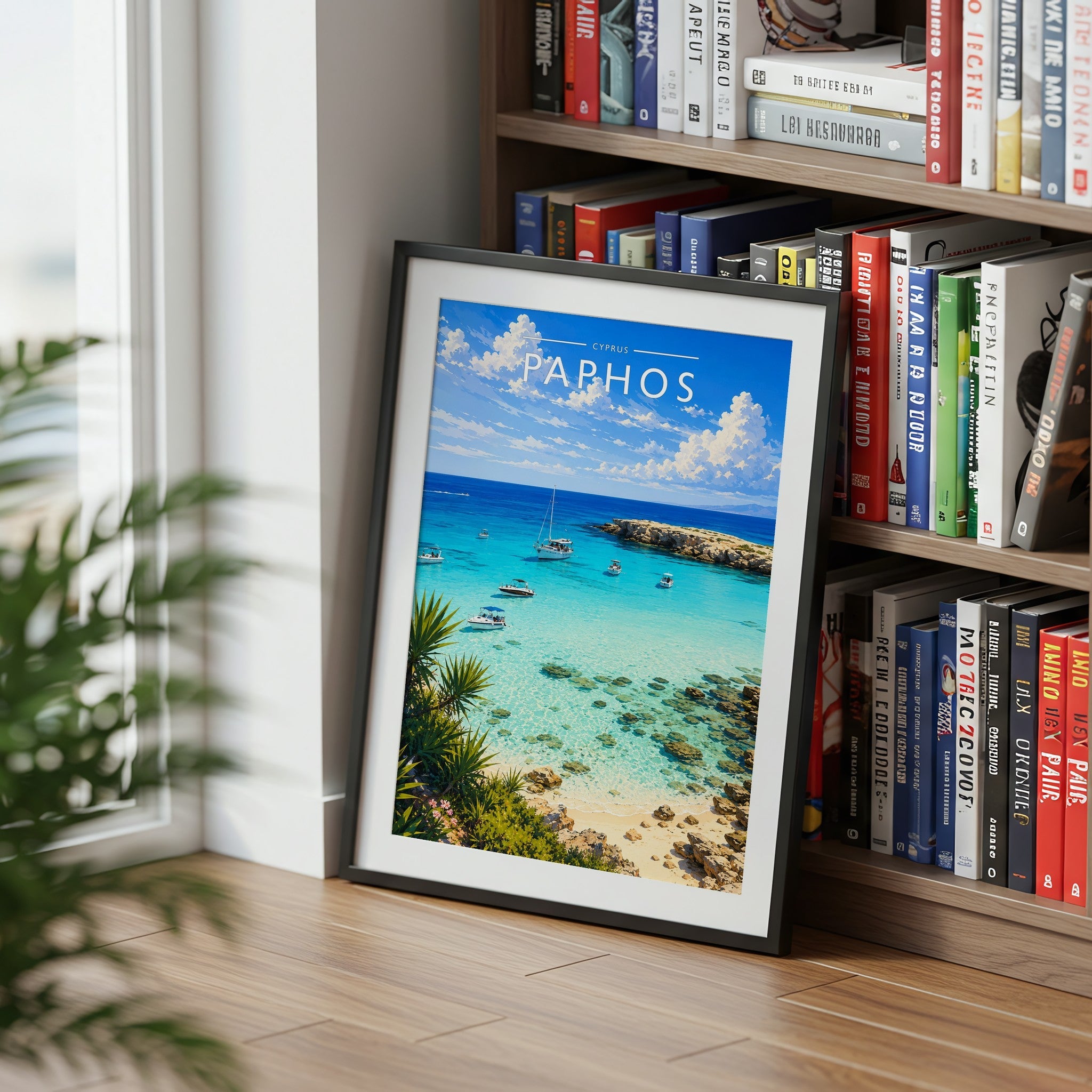 Paphos Travel Poster mounted in a black frame