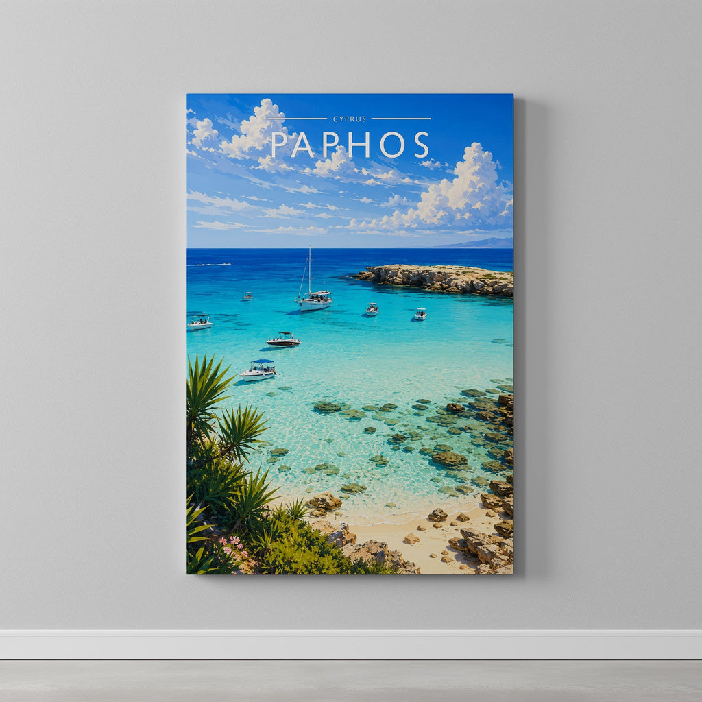 Paphos Travel Poster as a gallery-wrapped canvas on a plain wall