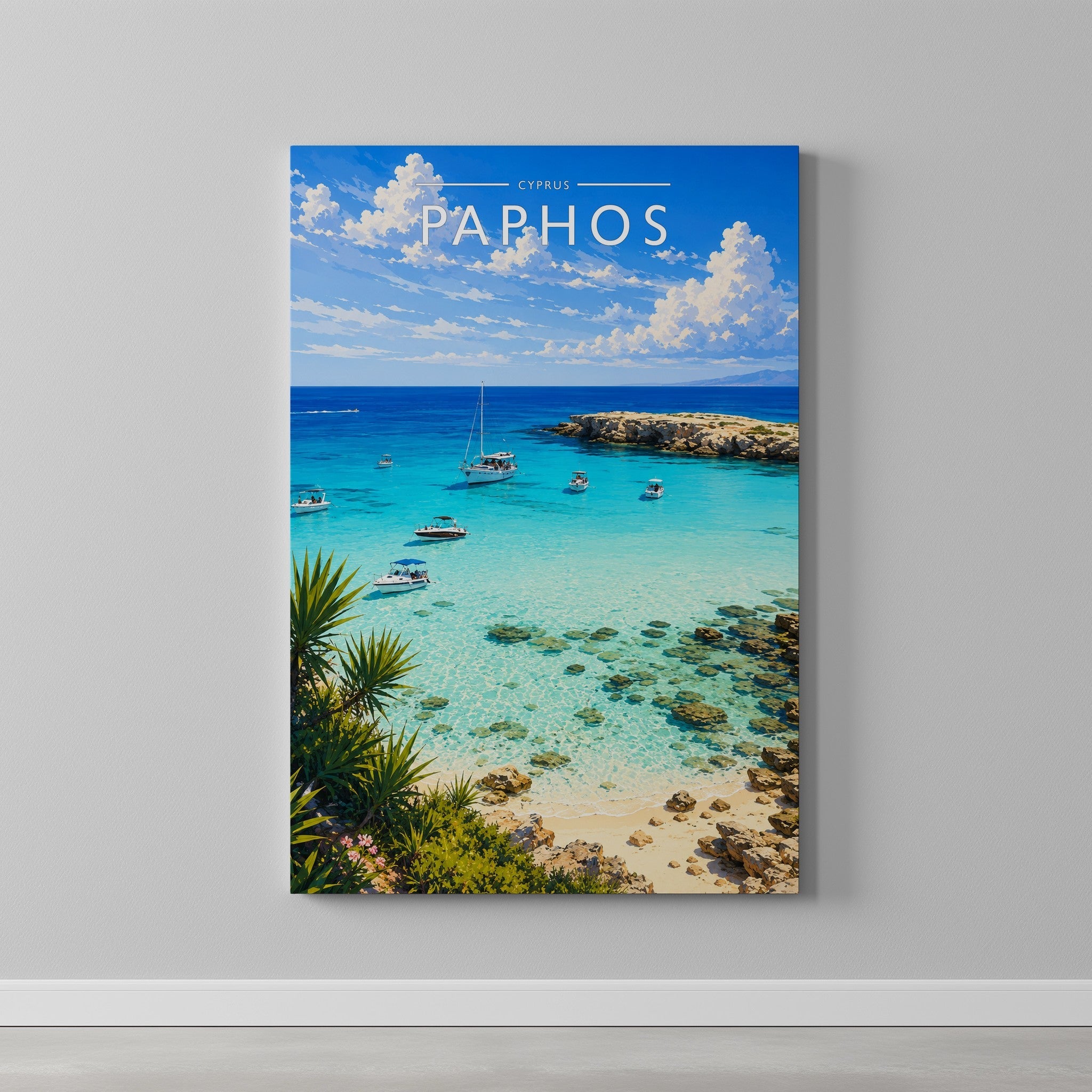 Paphos Travel Poster as a gallery-wrapped canvas on a plain wall