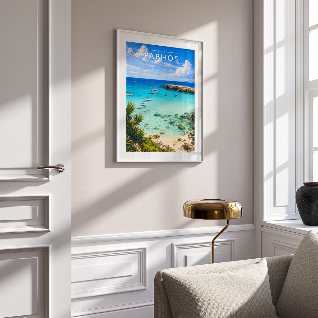 Paphos Travel Poster in a white frame on a panelled wall
