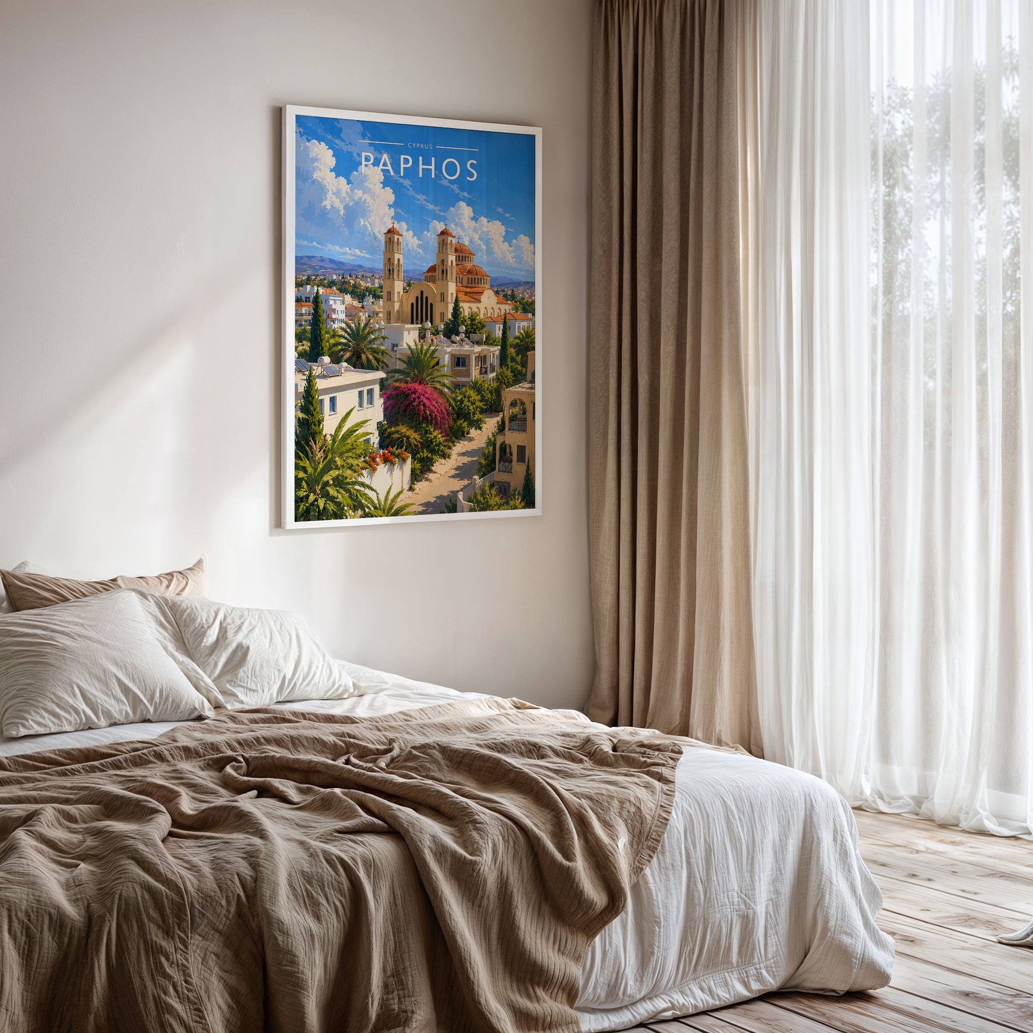 Paphos #2 Travel Poster framed on a bedroom wall