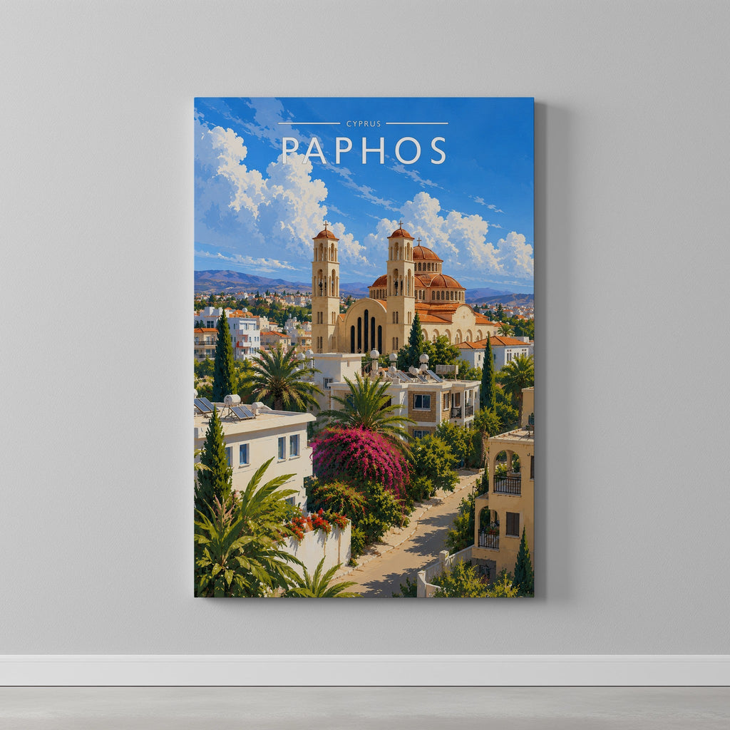Paphos #2 Travel Poster as a gallery-wrapped canvas on a plain wall