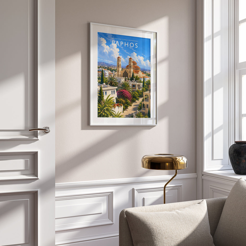 Paphos #2 Travel Poster in a white frame on a panelled wall