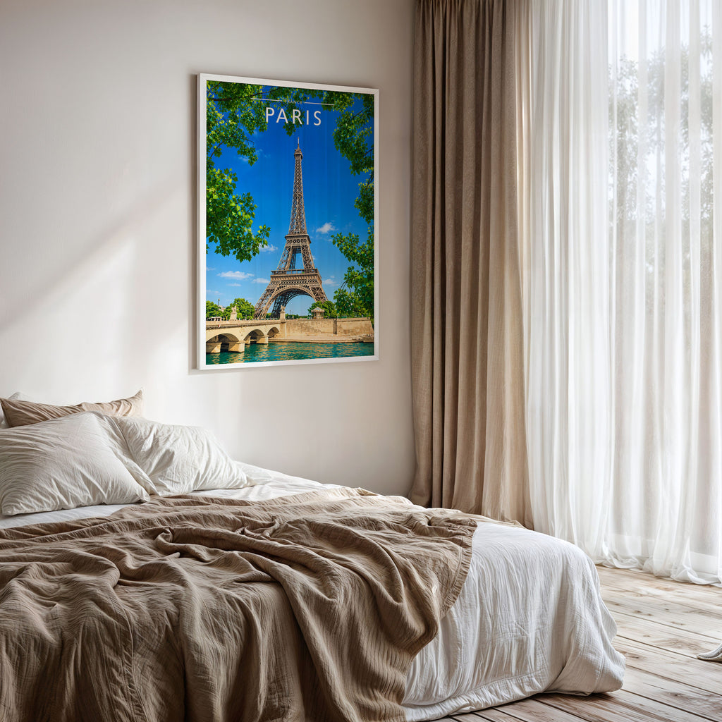 Paris #2 Travel Poster framed on a bedroom wall