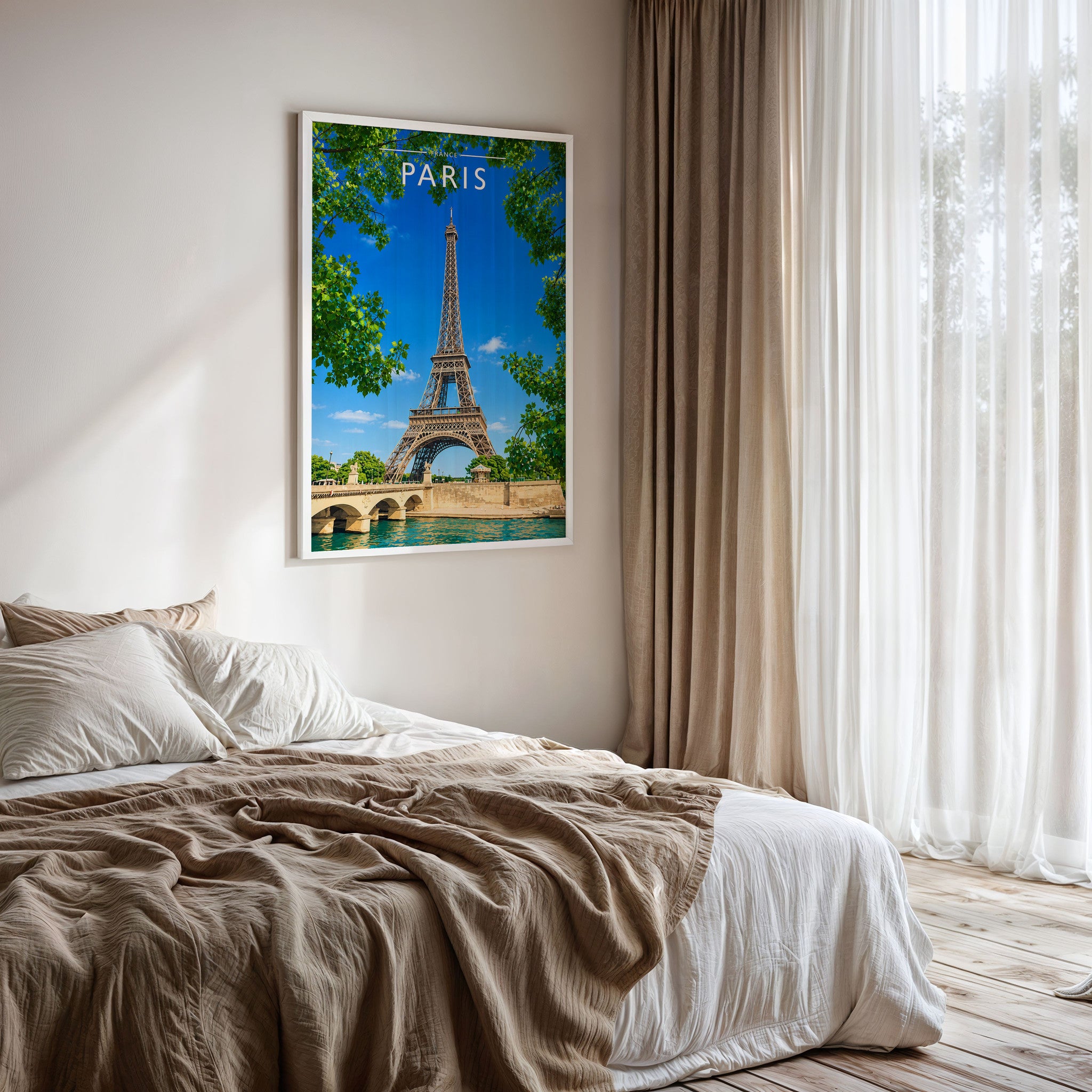Paris #2 Travel Poster framed on a bedroom wall