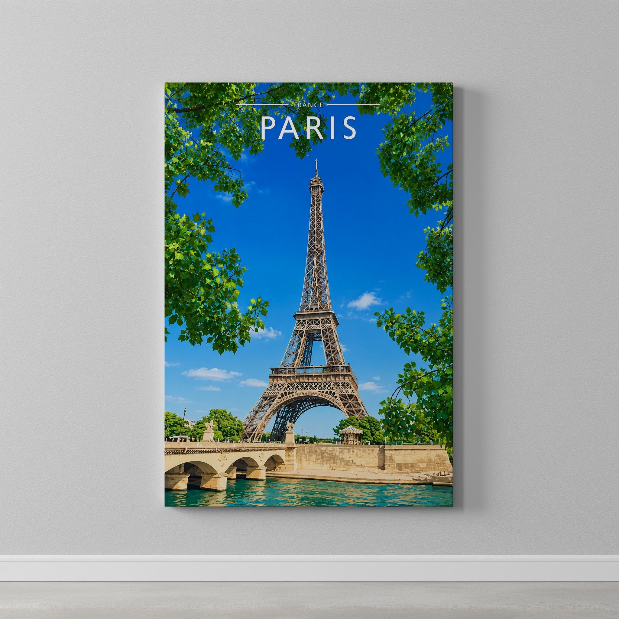 Paris #2 Travel Poster as a gallery-wrapped canvas on a plain wall
