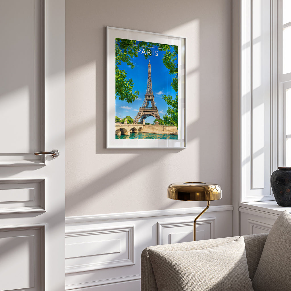 Paris #2 Travel Poster in a white frame on a panelled wall