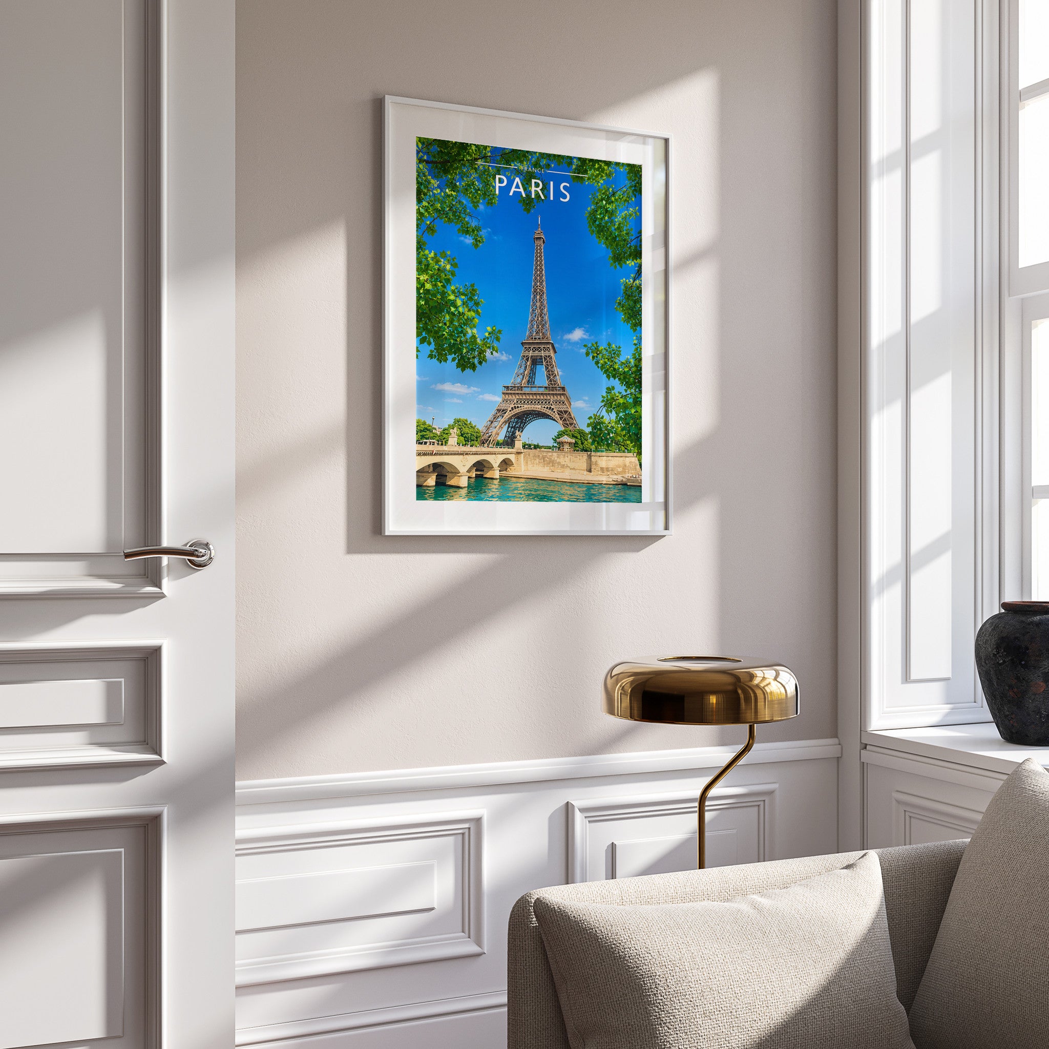 Paris #2 Travel Poster in a white frame on a panelled wall