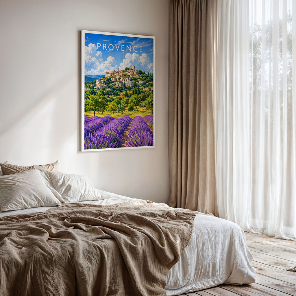 Provence Travel Poster framed on a bedroom wall
