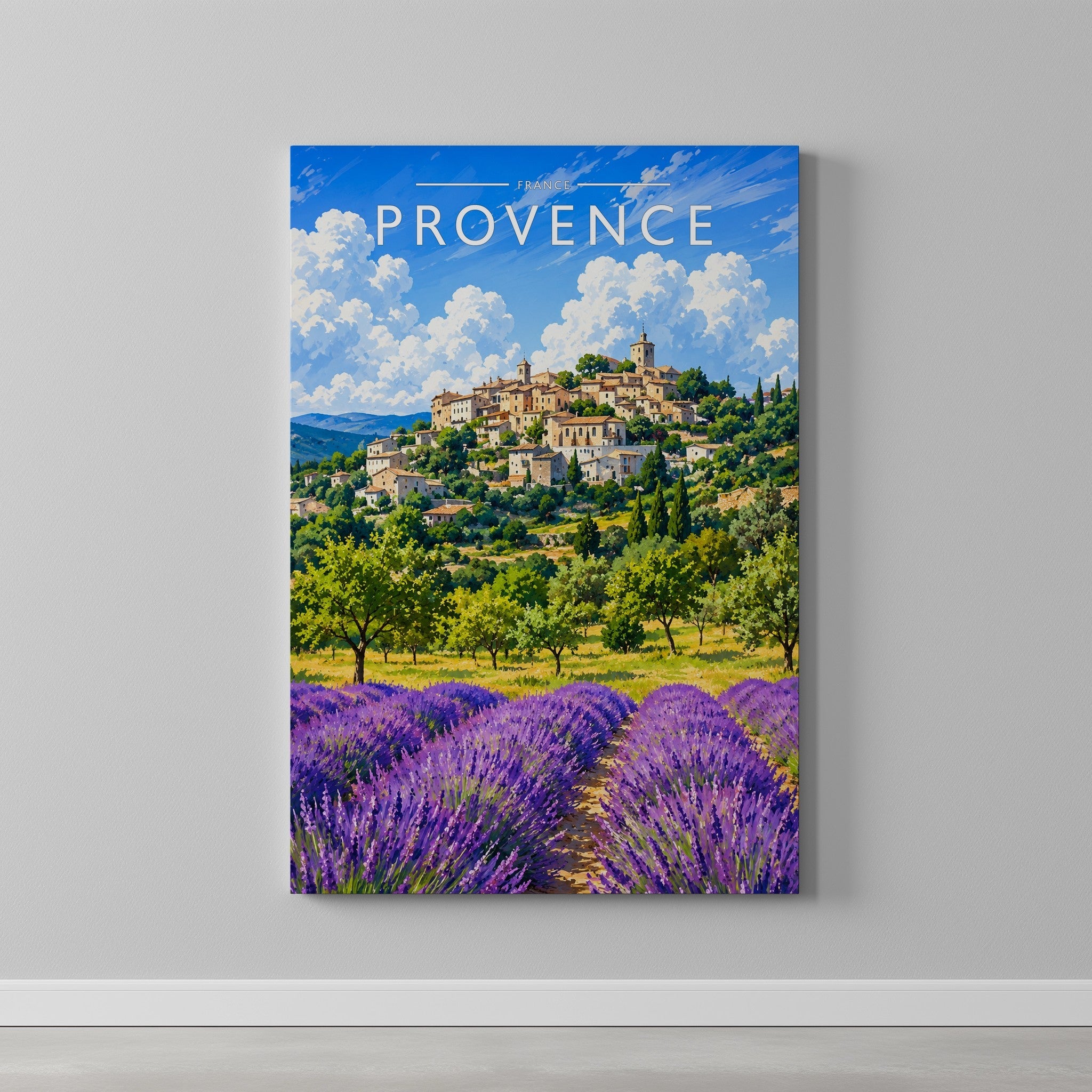 Provence Travel Poster as a gallery-wrapped canvas on a plain wall