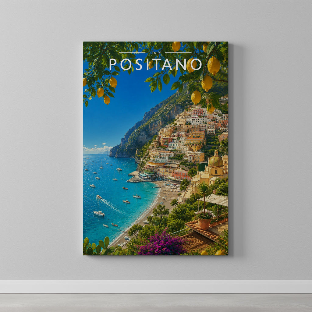 Positano #3 Travel Poster as a gallery-wrapped canvas on a plain wall