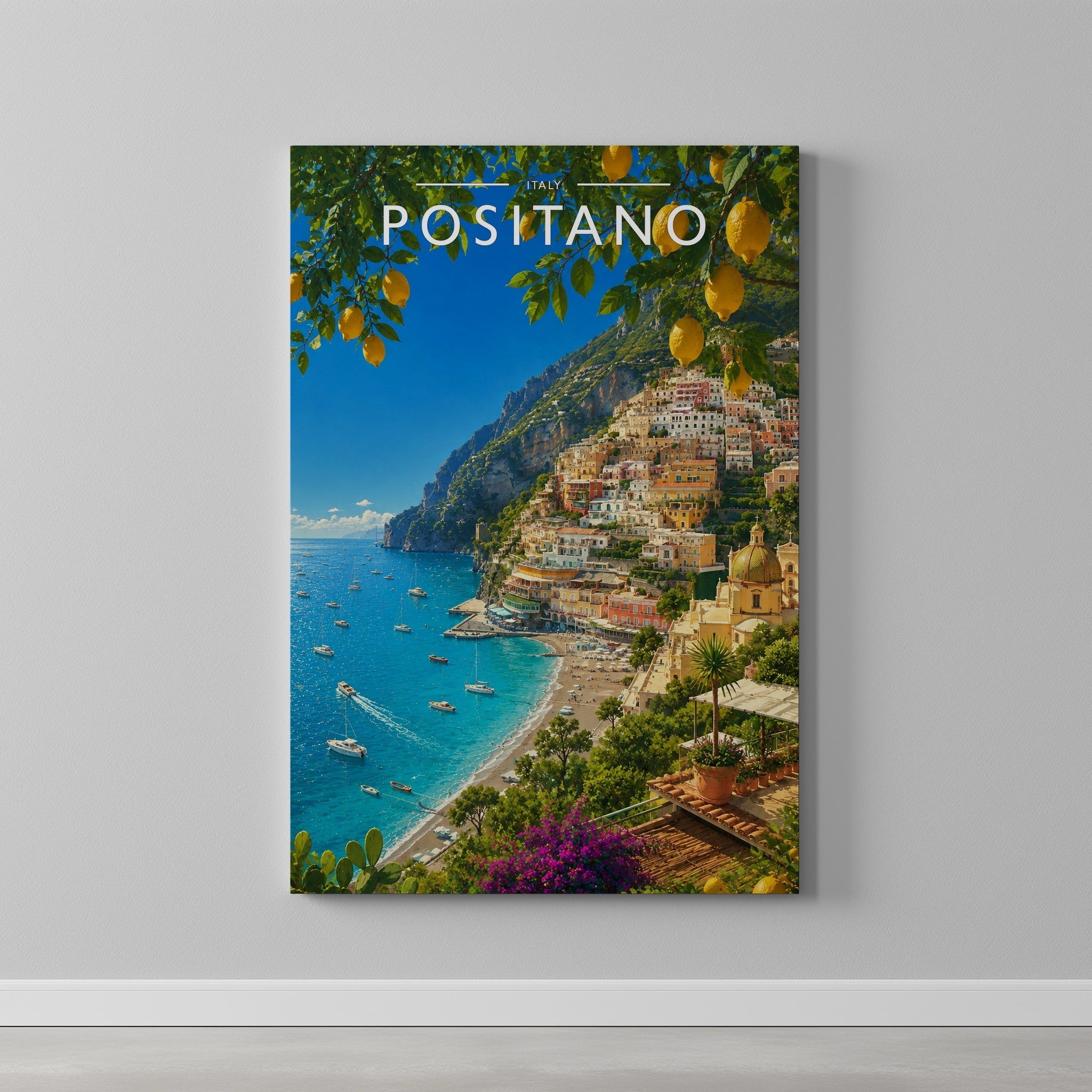 Positano #3 Travel Poster as a gallery-wrapped canvas on a plain wall